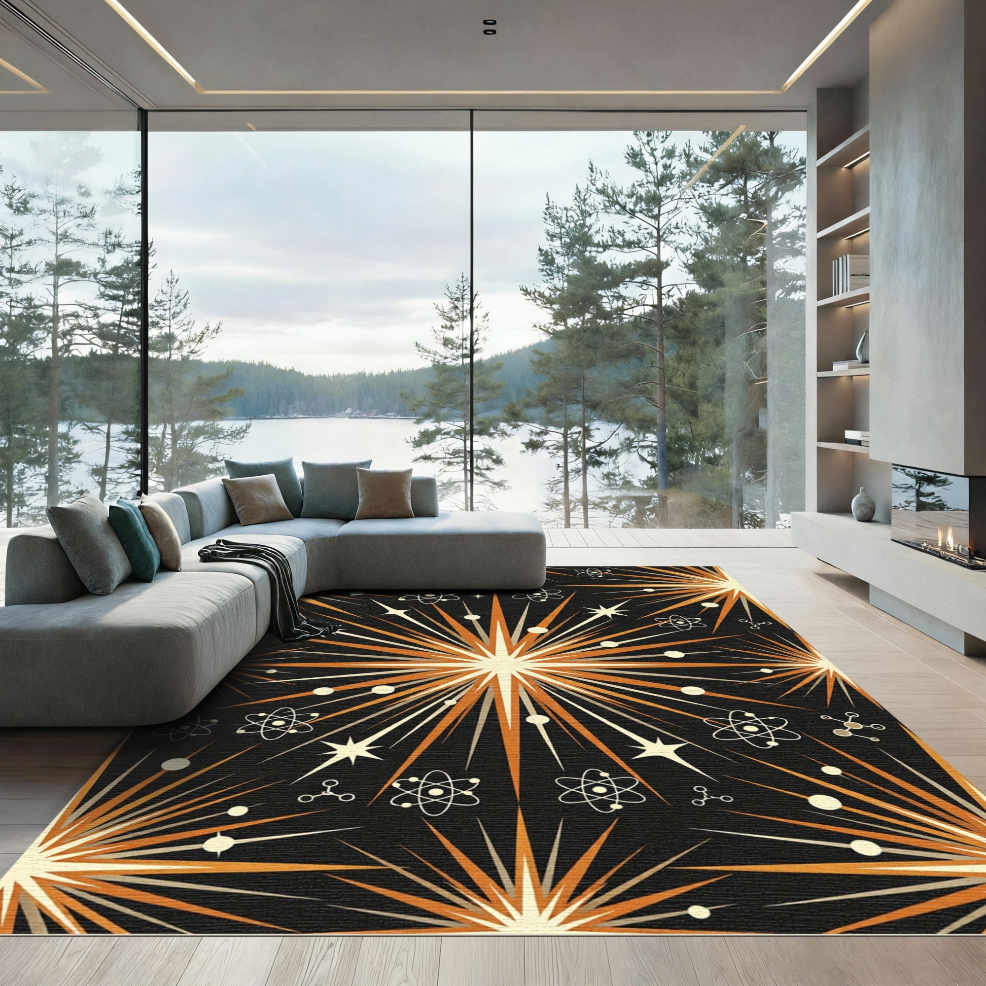 Mid-Century Atomic Starburst Black Ochre Rug