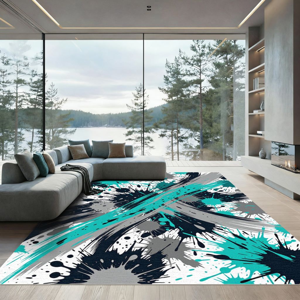 Teal Black Gray Splatter Brushstrokes Rug