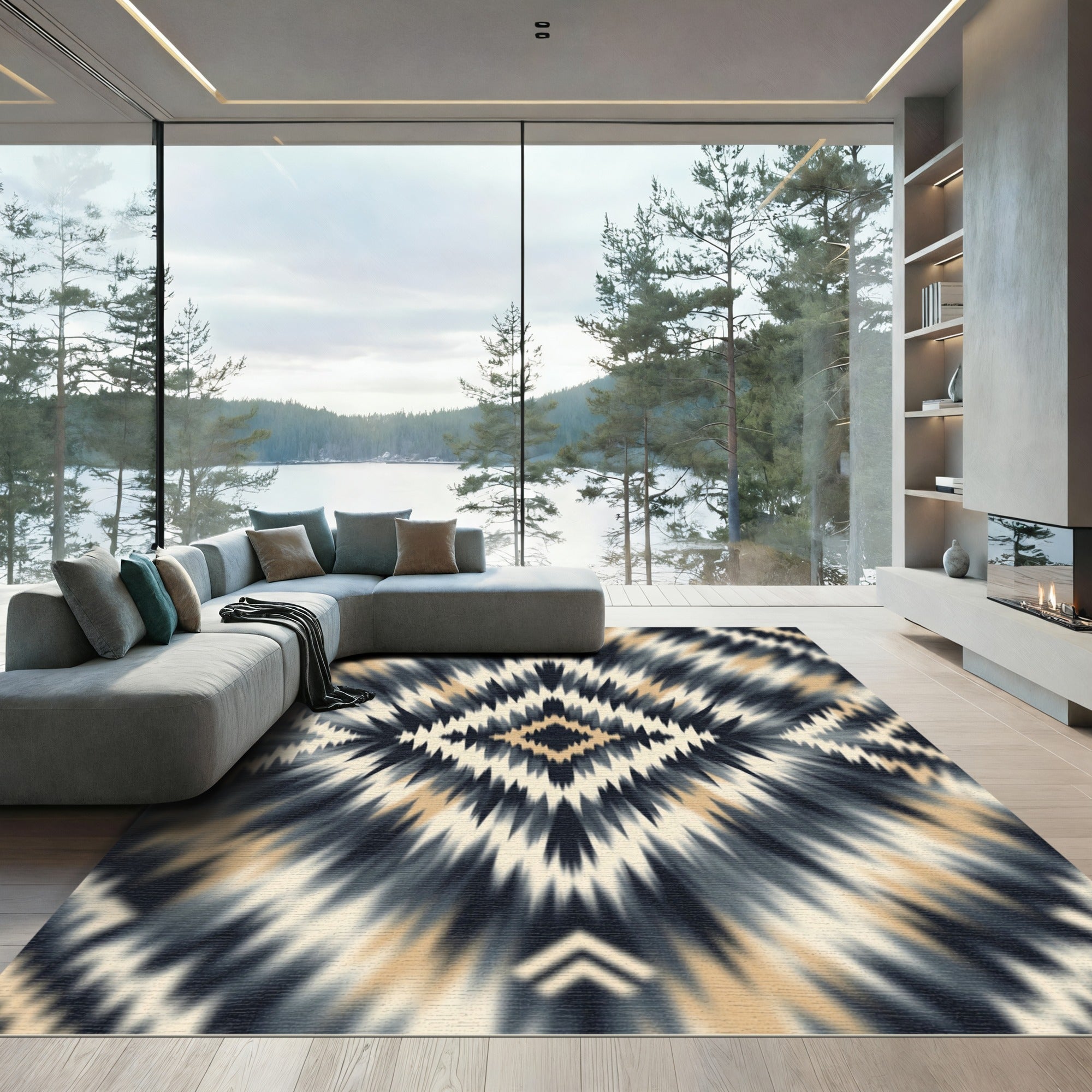 Abstract Charcoal Beige Ikat Diamond Rug
