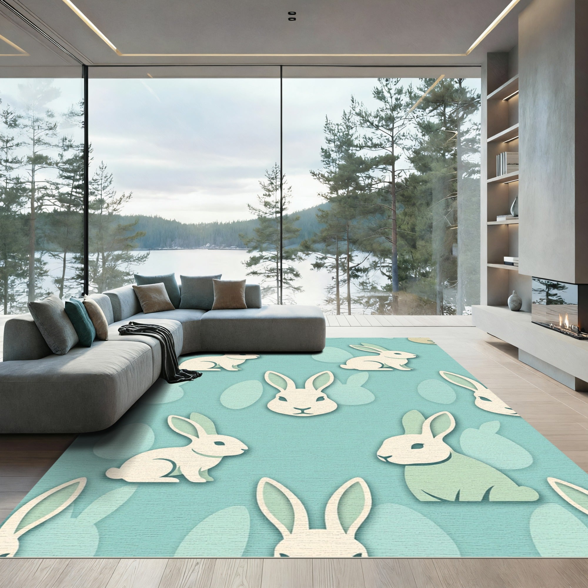 Minimalist Pastel Blue Bunny Easter Illustration Rug