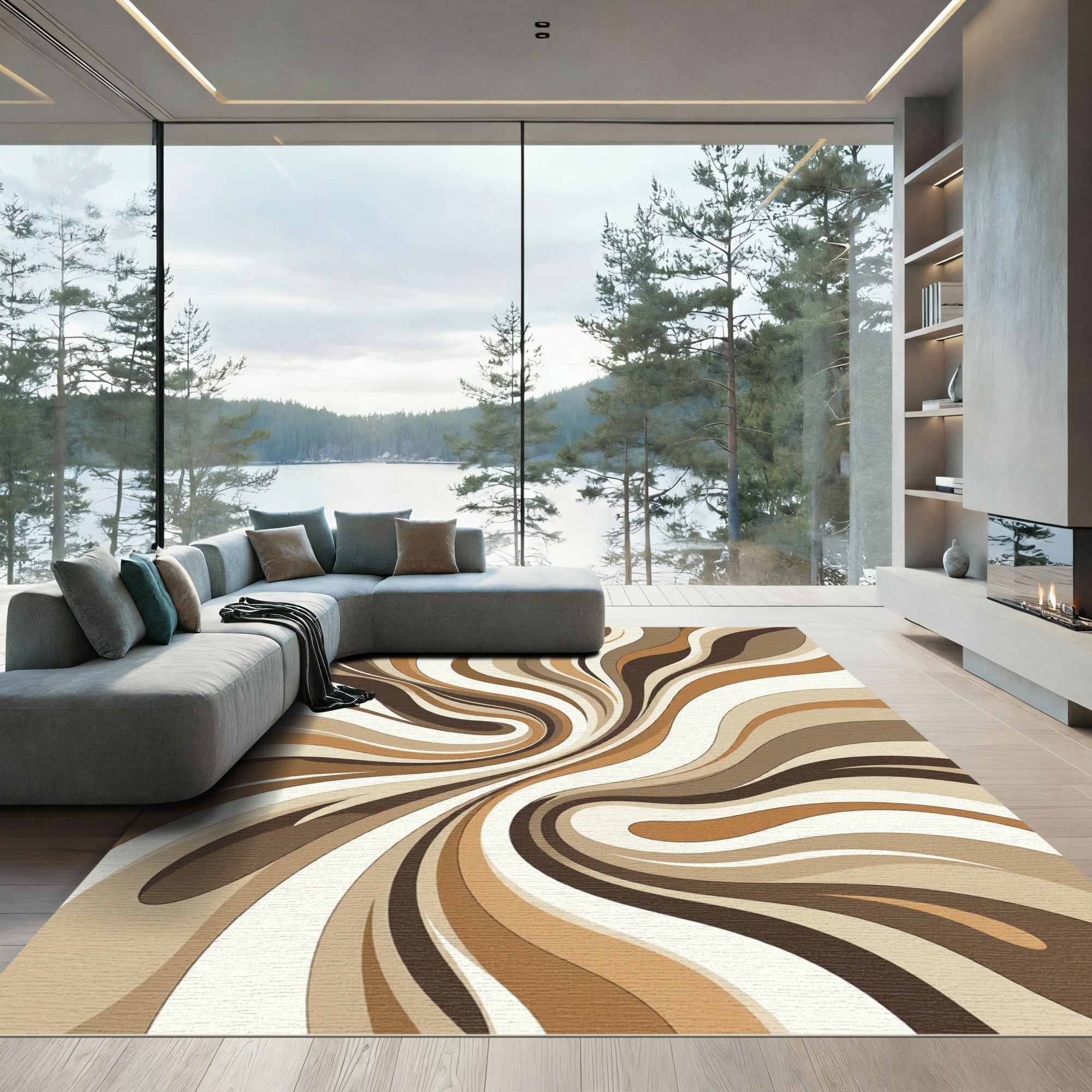 Earthy Cream Brown Swirl Abstraction Rug