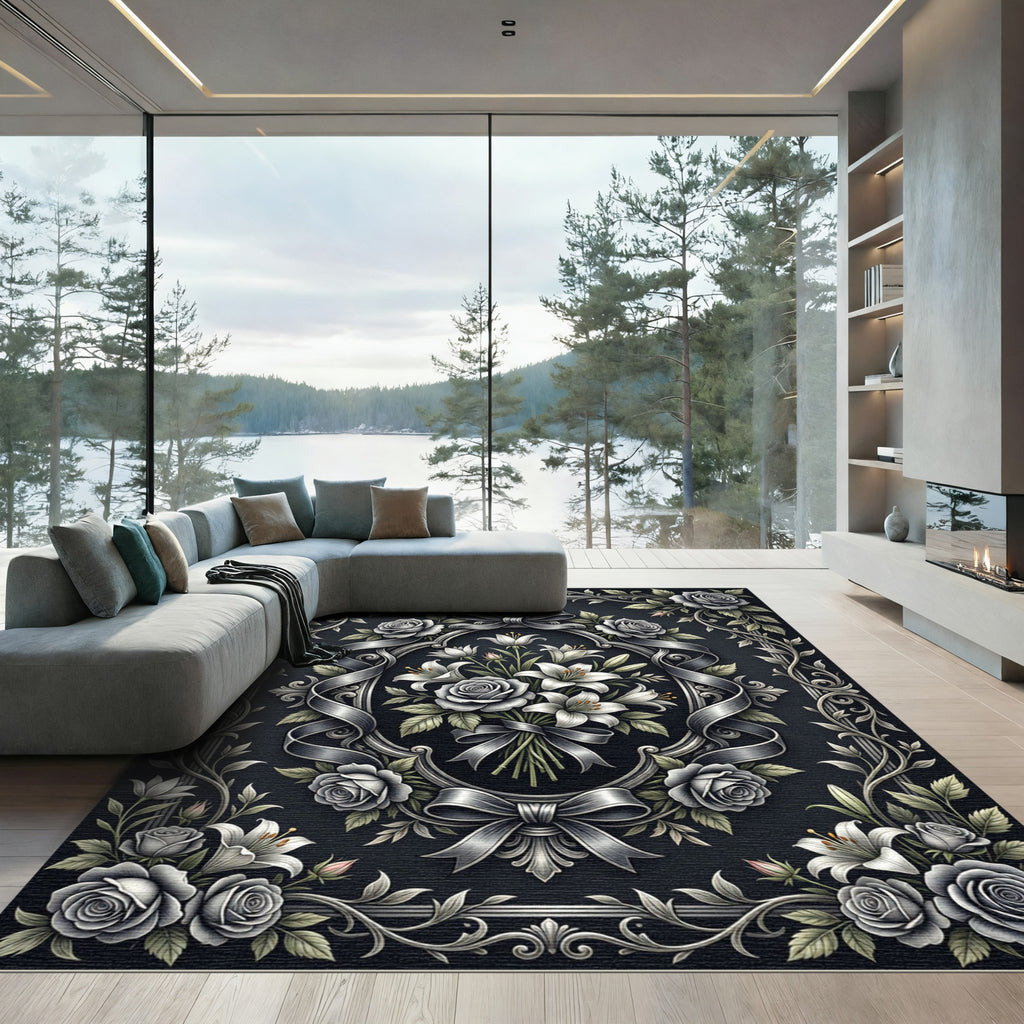 Elegant Monochrome Floral Bouquet Ribbon Frame Rug