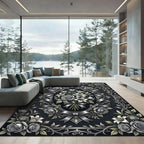 Elegant Monochrome Floral Bouquet Ribbon Frame Rug