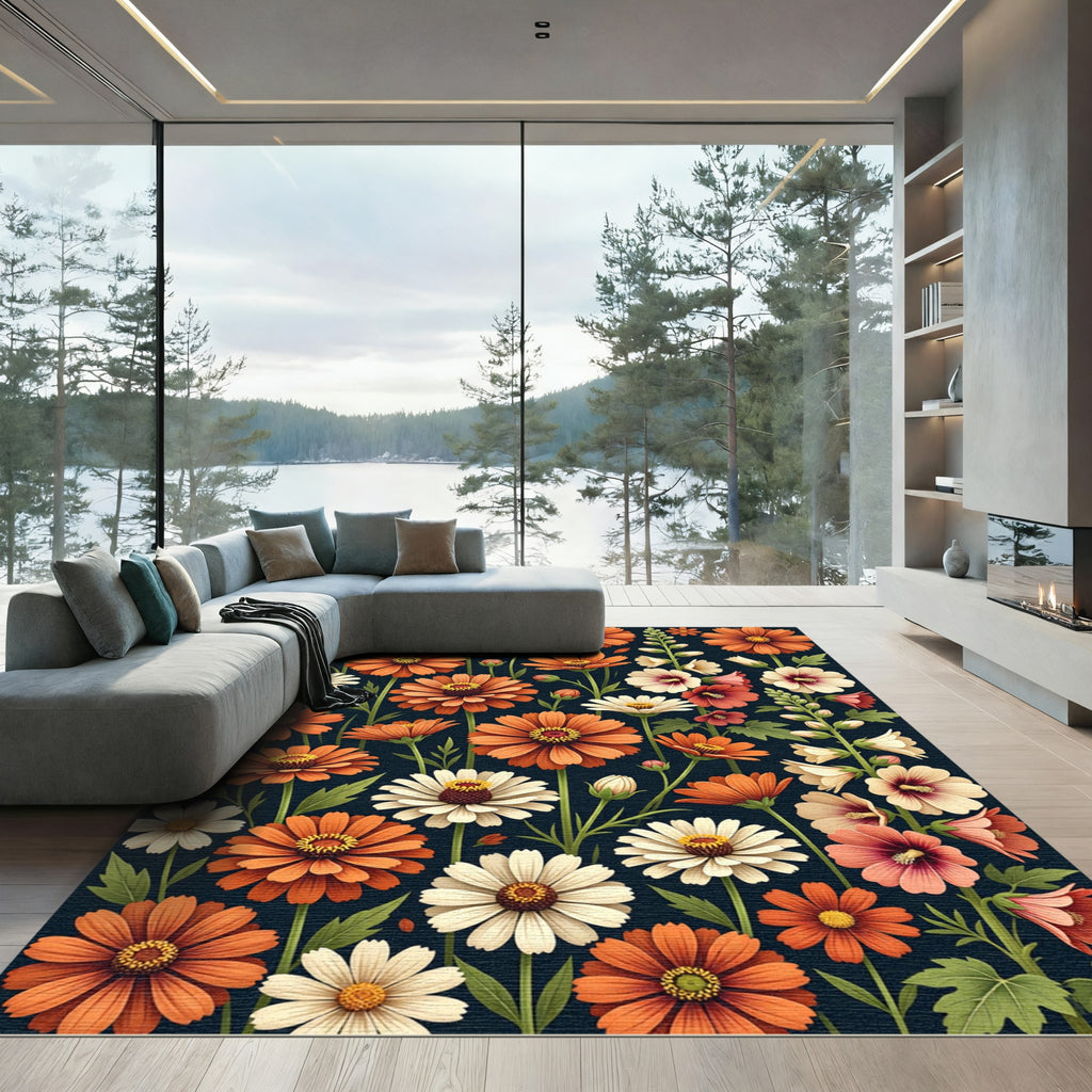 Autumnal Orange and White Meadow Floral Rug