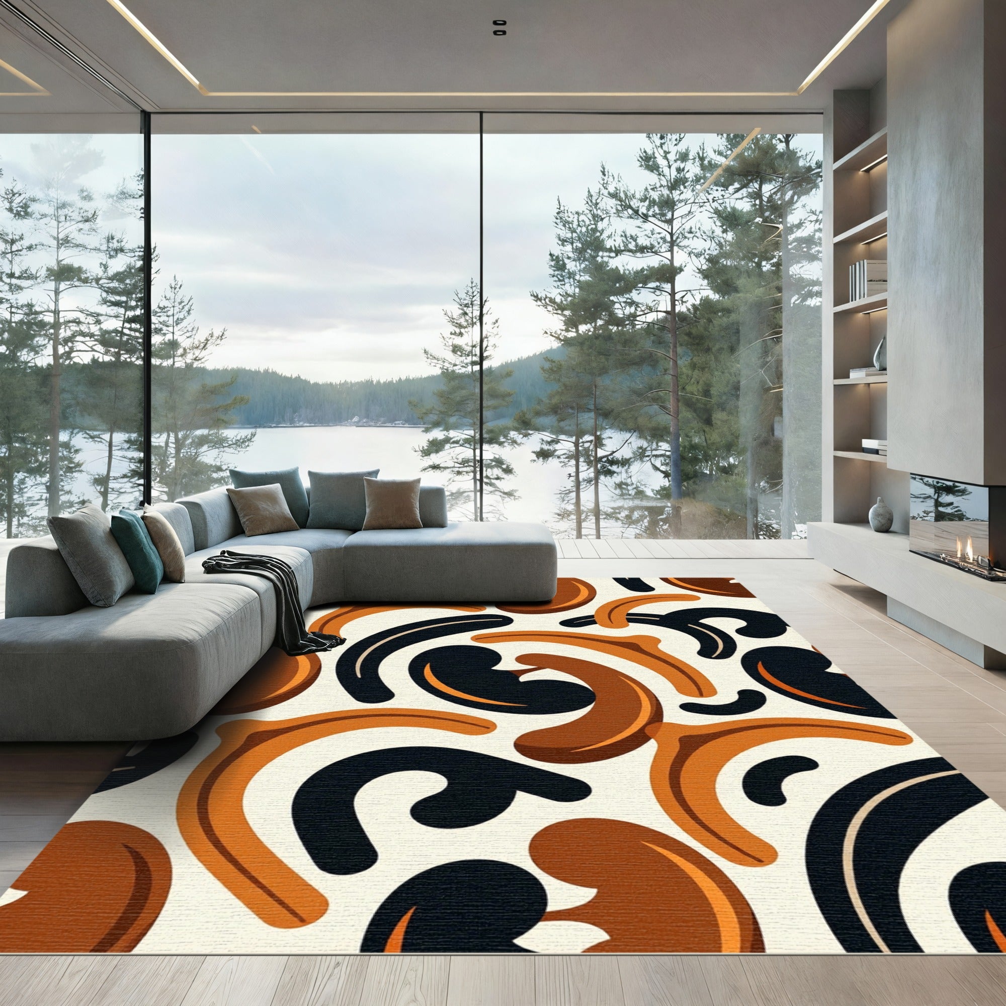Abstract Earth Tone Curved Shapes Rug