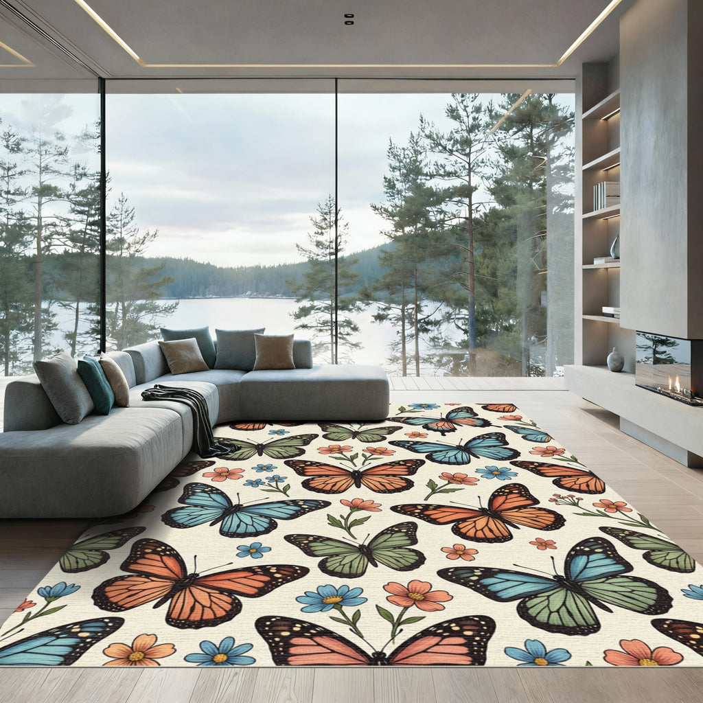 Whimsical Butterfly Meadow Soft Pastel Illustration Rug