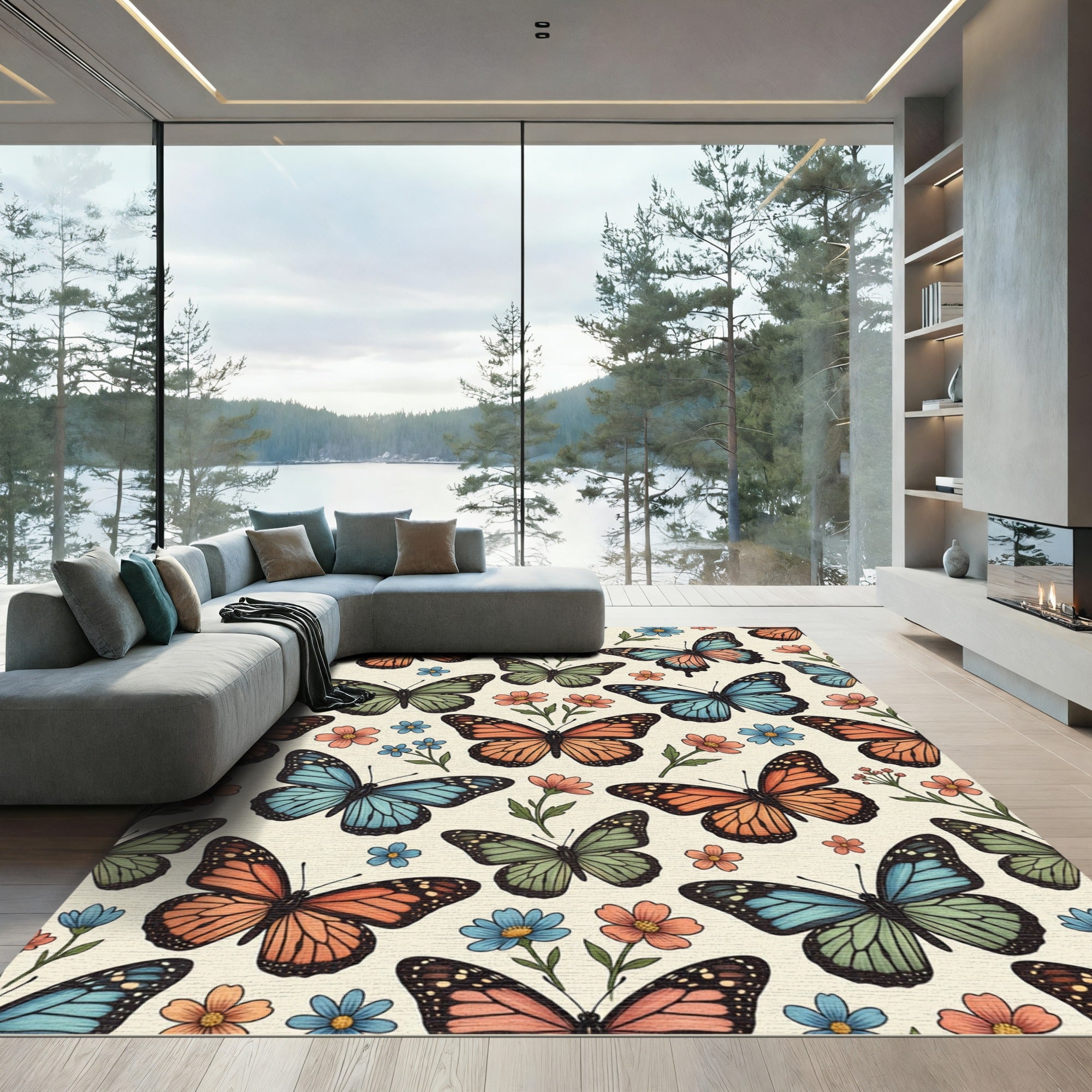 Whimsical Butterfly Meadow Soft Pastel Illustration Rug