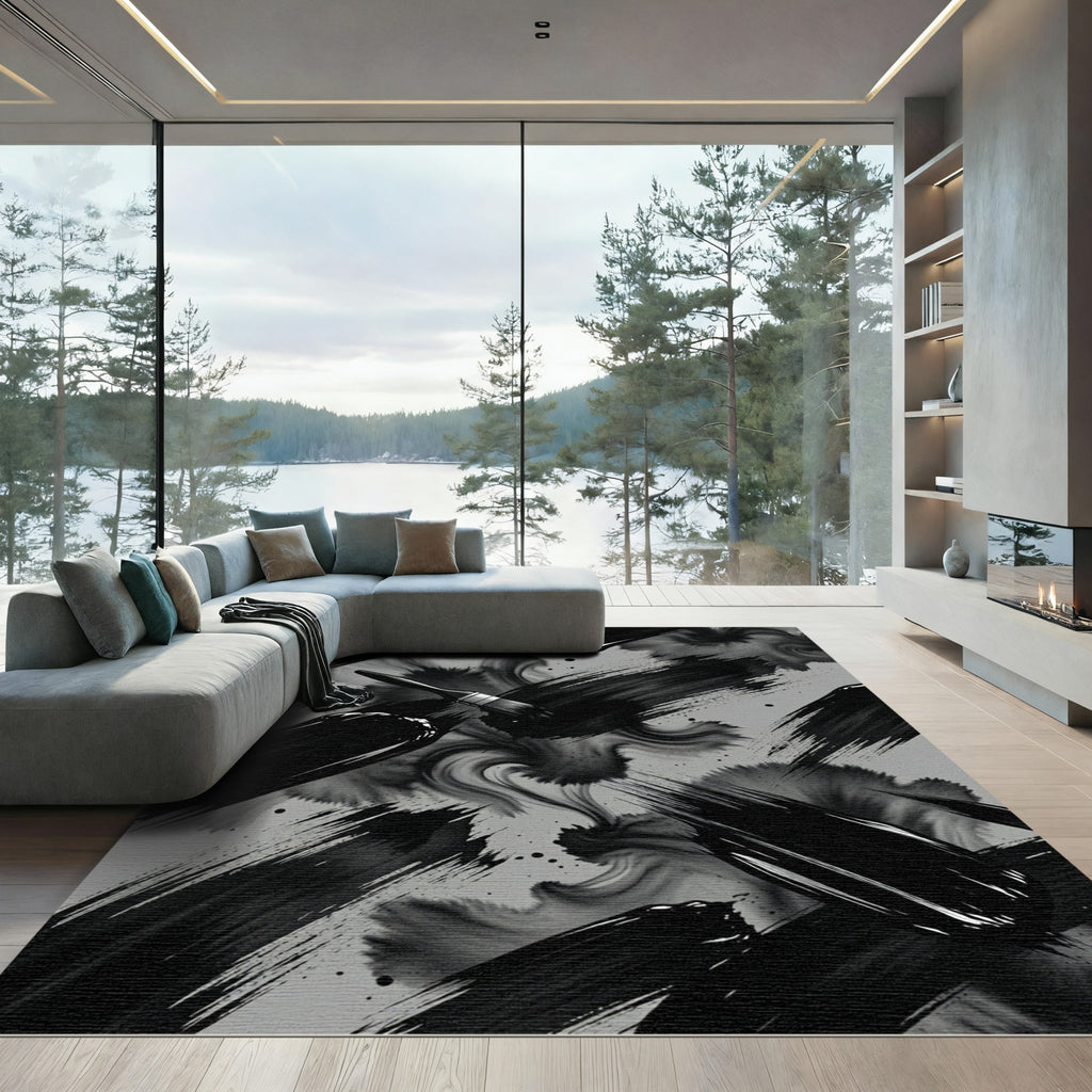 Monochrome Abstract Black Ink Swirl Rug