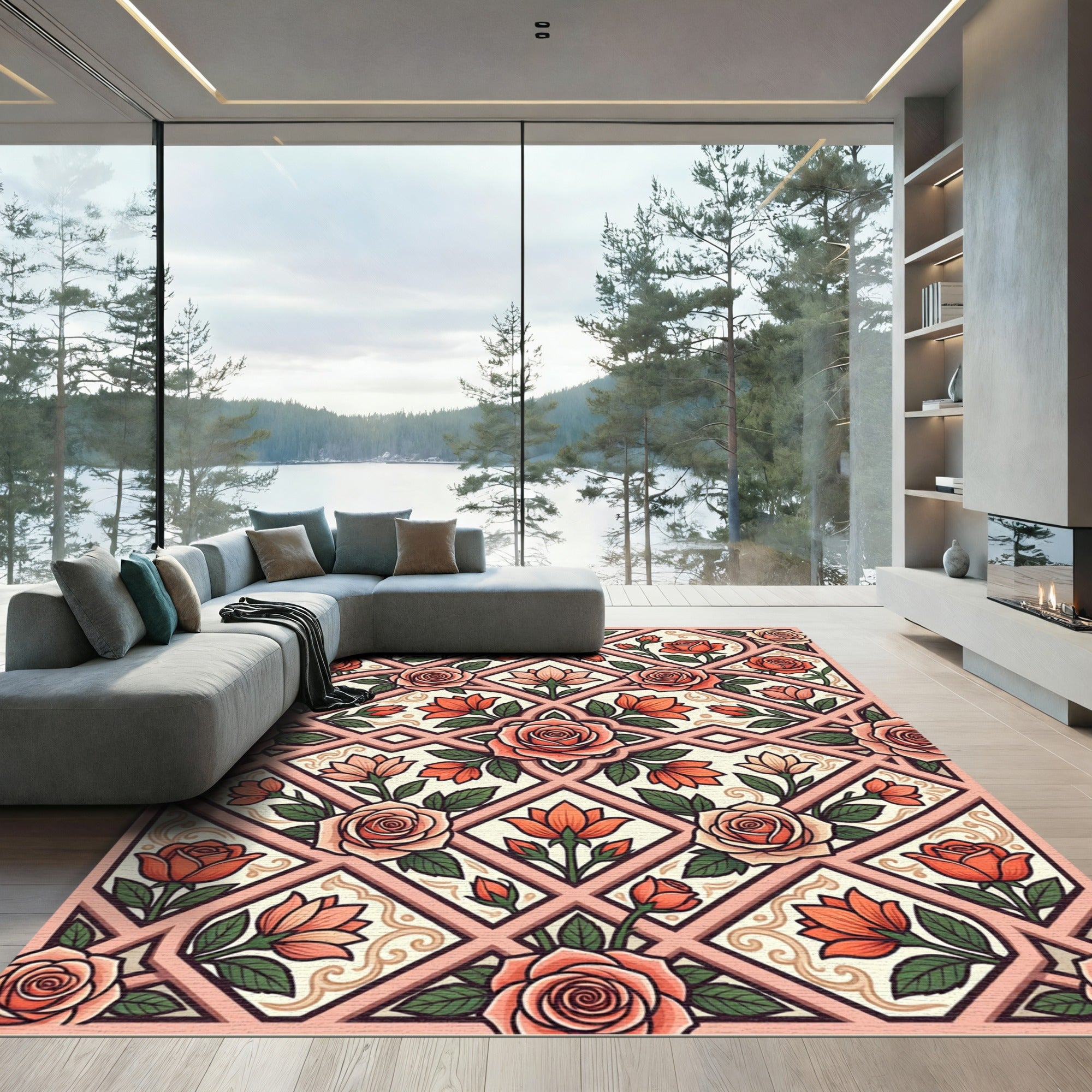 Coral Roses Lattice Ornamental Rug