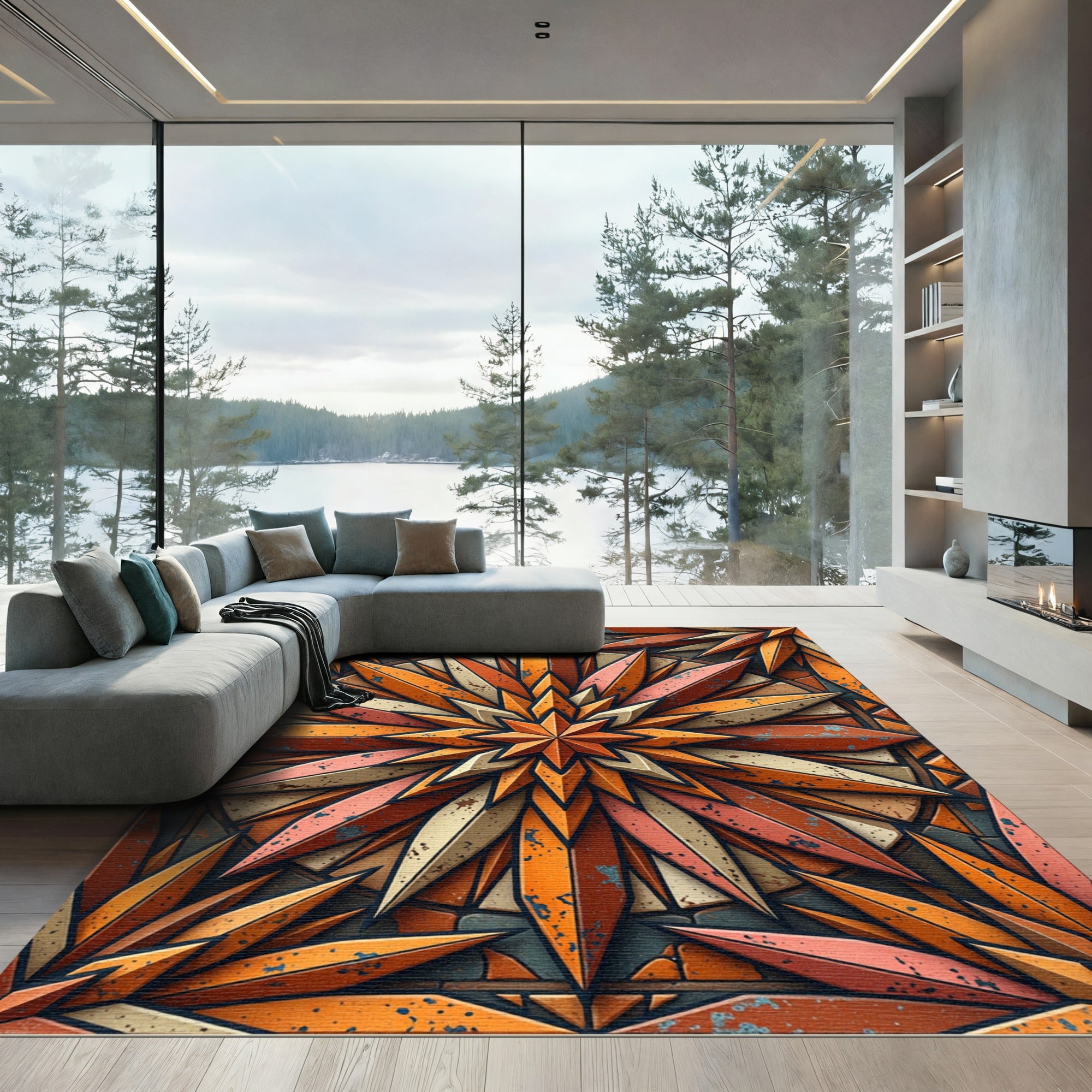 Geometric Copper Sunburst Star Rug