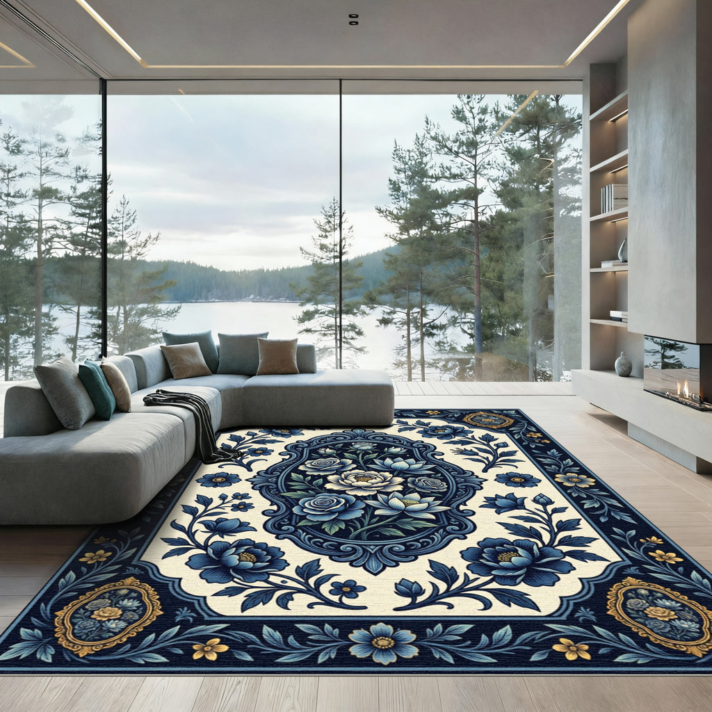 Elegant Navy Floral Bouquet Medallion Rug