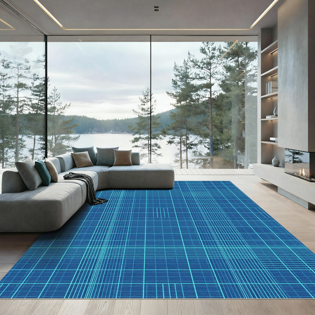 Modern Cobalt Blue Grid Network Rug