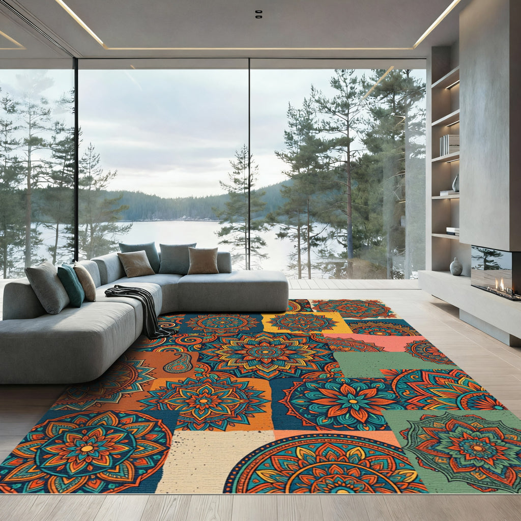 Vibrant Teal Orange Paisley Medallion Array Rug