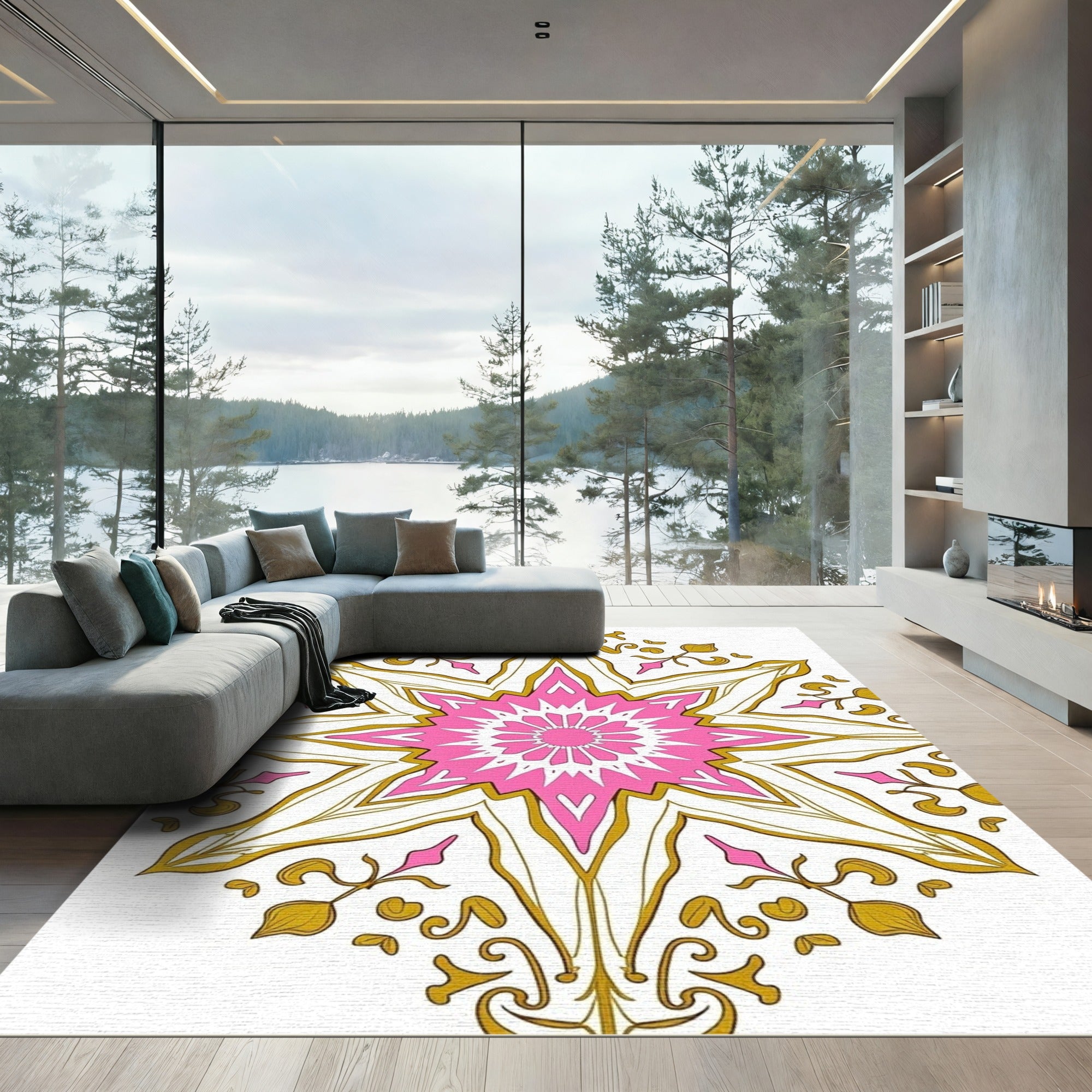 Pink Gold Floral Star Medallion Rug