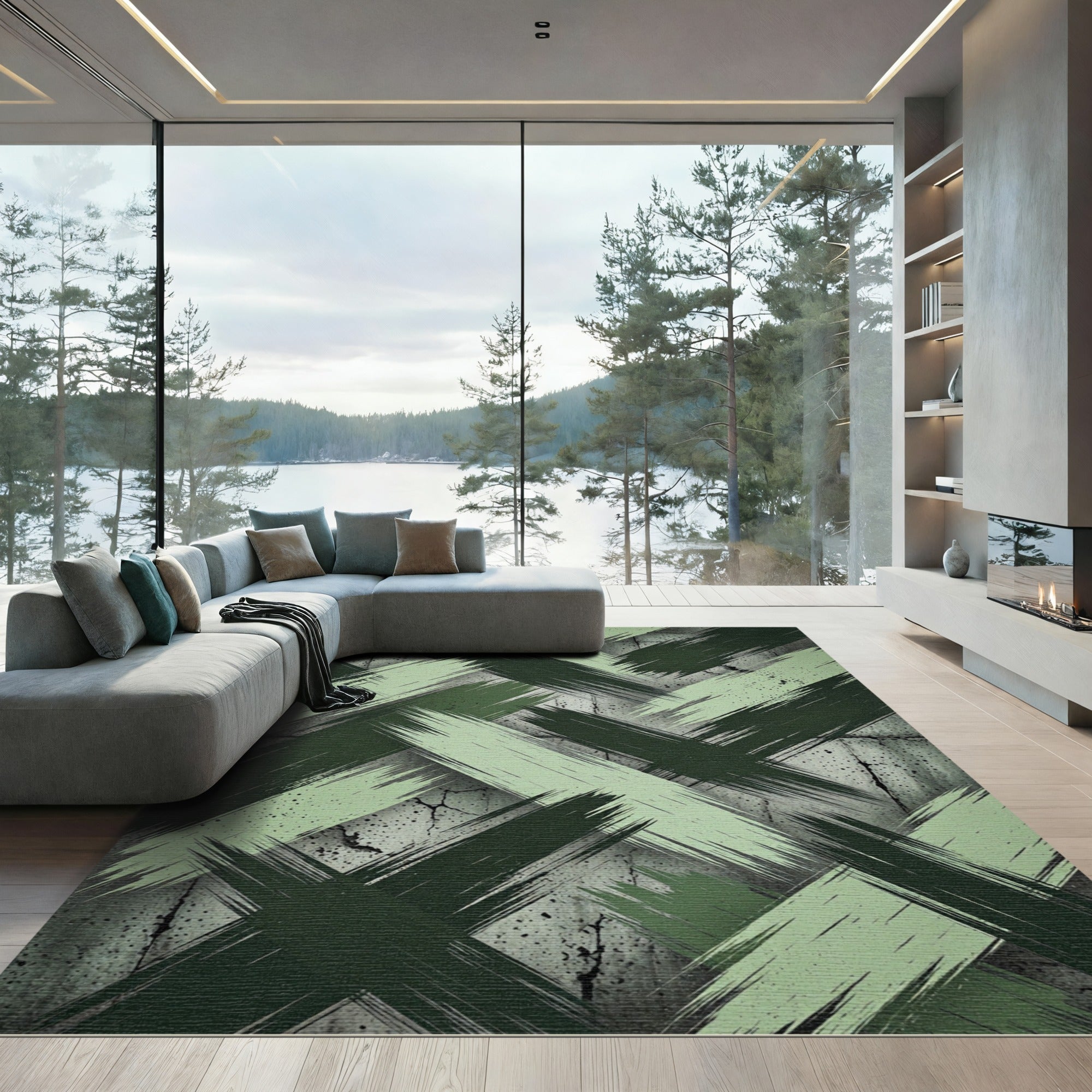 Green Brushstroke Intersecting Lines Rug