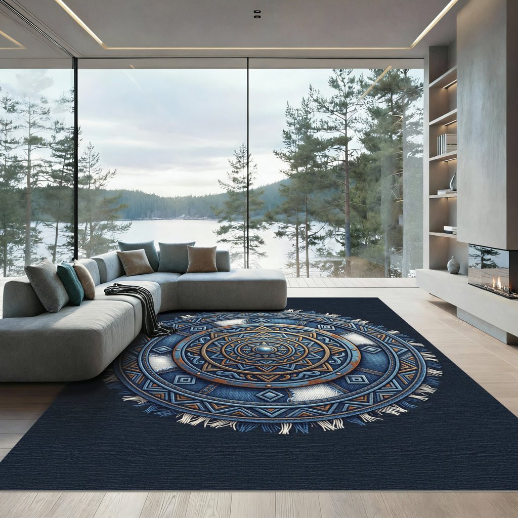 Distressed Denim Blue Mandala Medallion Rug