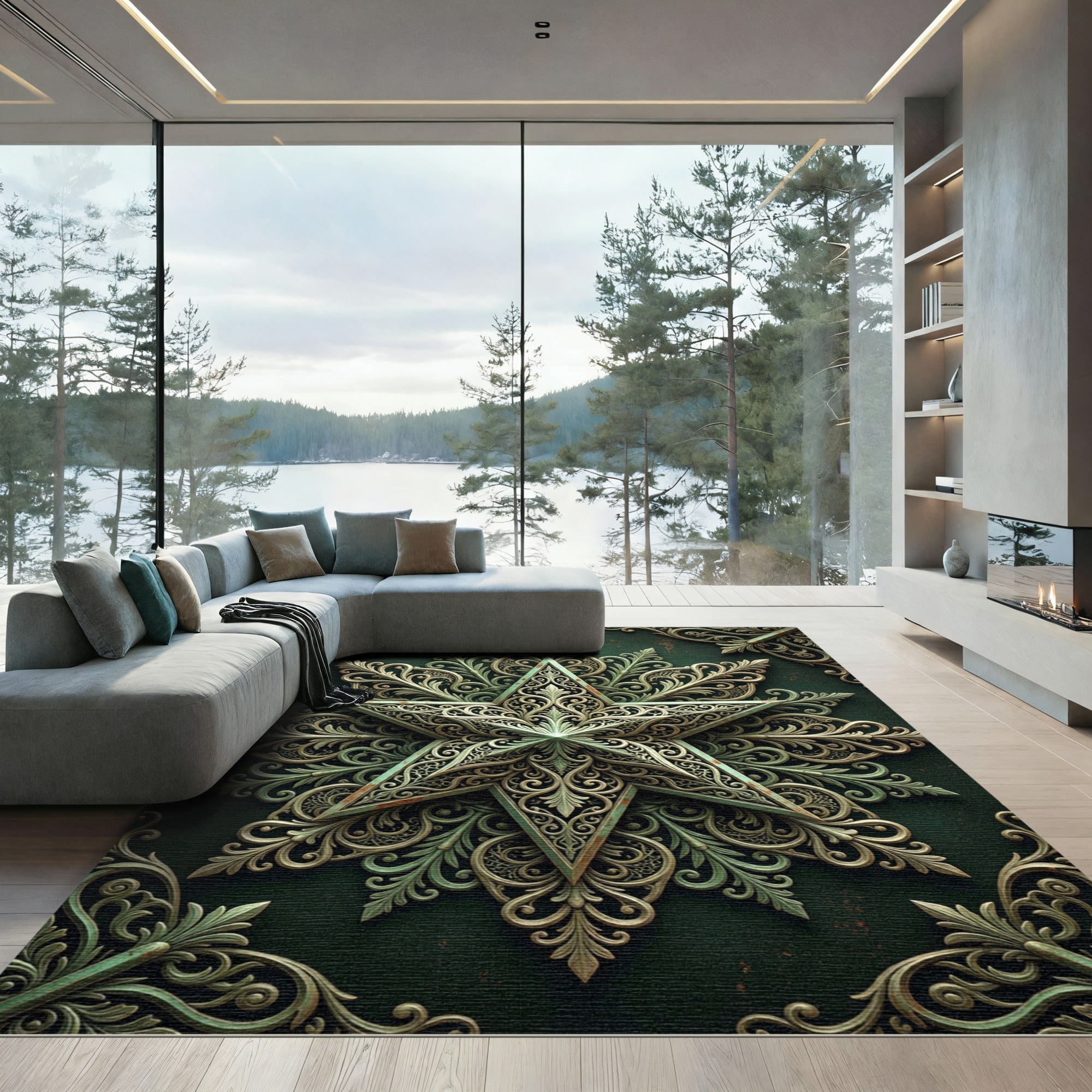 Ornate Sage Green Filigree Star Rug