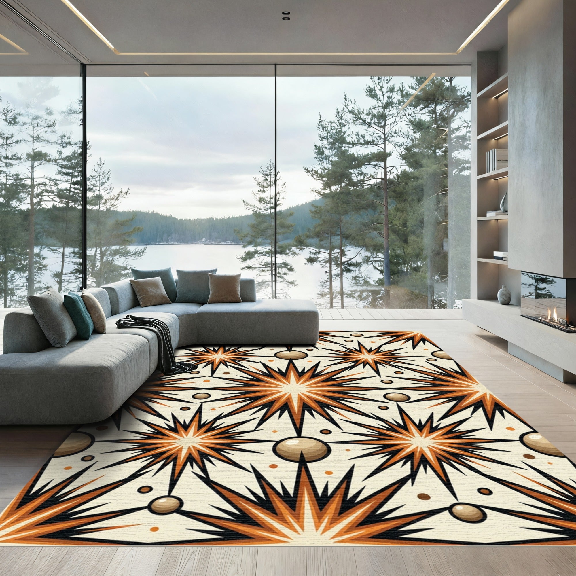 Retro Midcentury Starburst Copper Spheres Rug