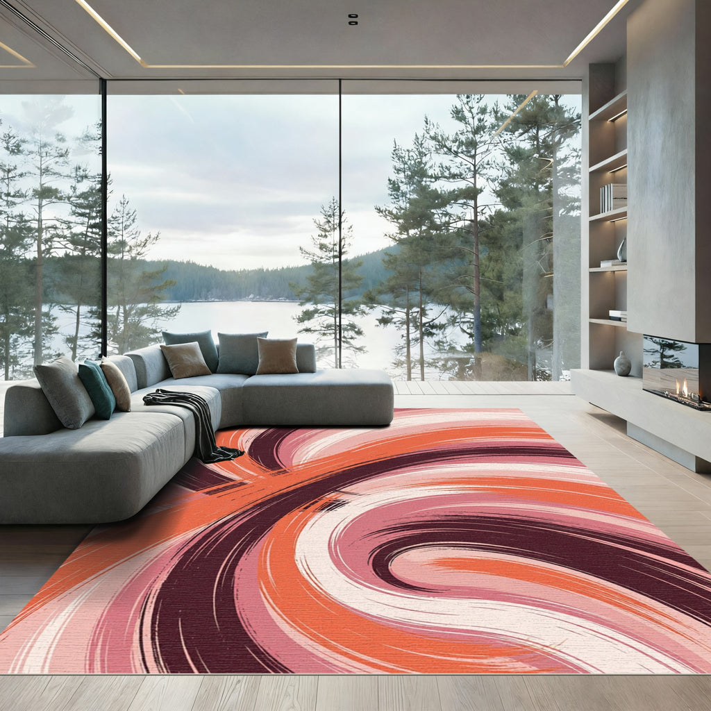Crimson Orange Swirl Brushstroke Rug