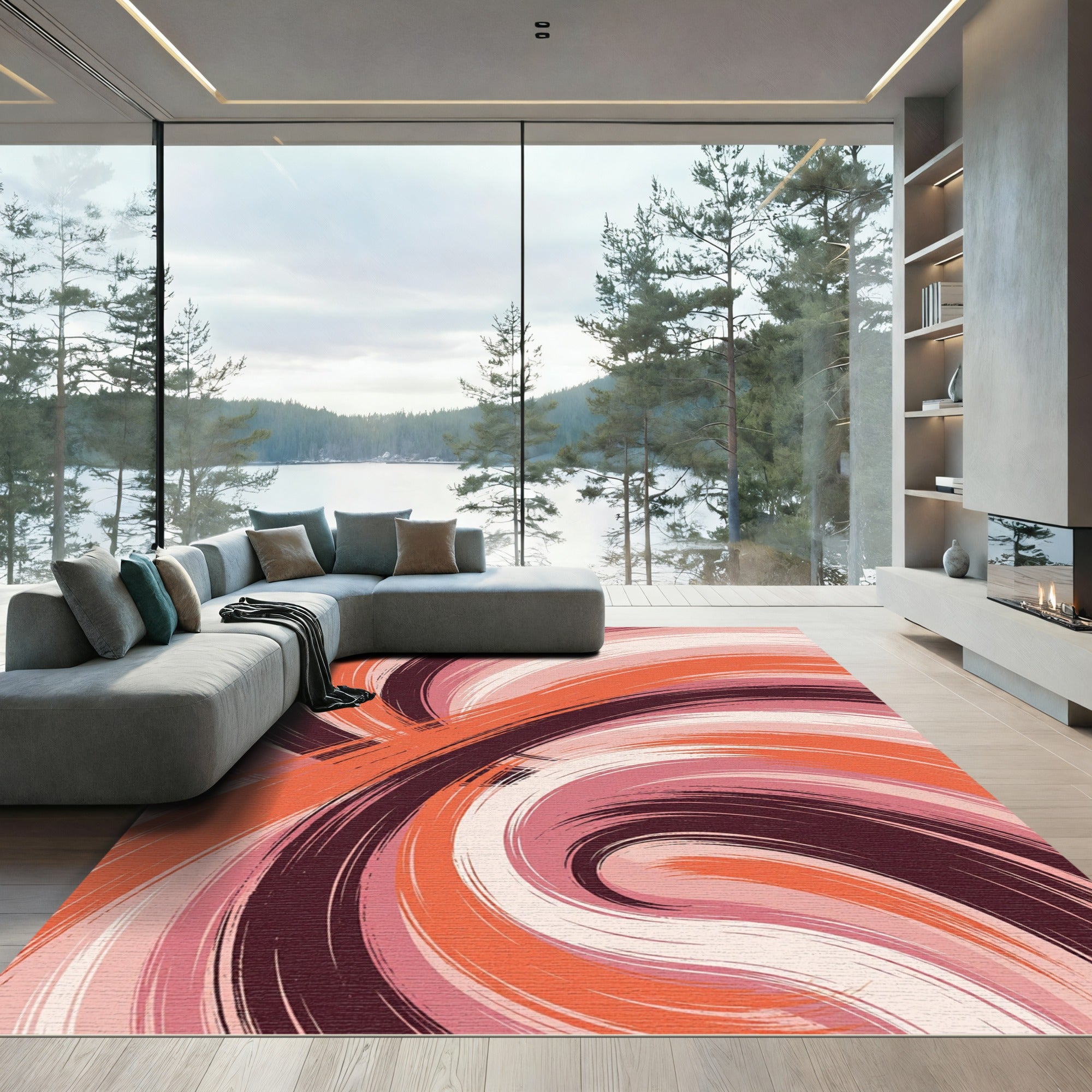 Crimson Orange Swirl Brushstroke Rug