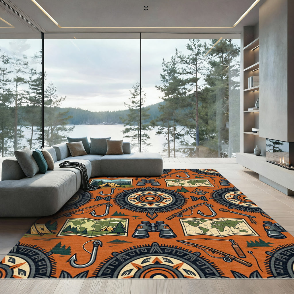 Earthy Adventure Compass Fishing Map Art Rug