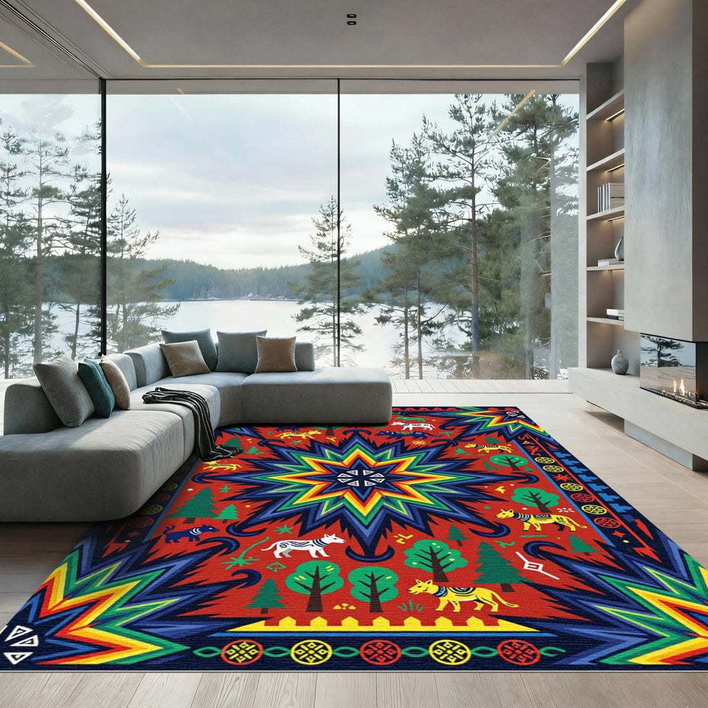 Vibrant Geometric Star Animal Forest Area Rug