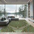 Earthy Sage And Gold Ornate Mandala Rug