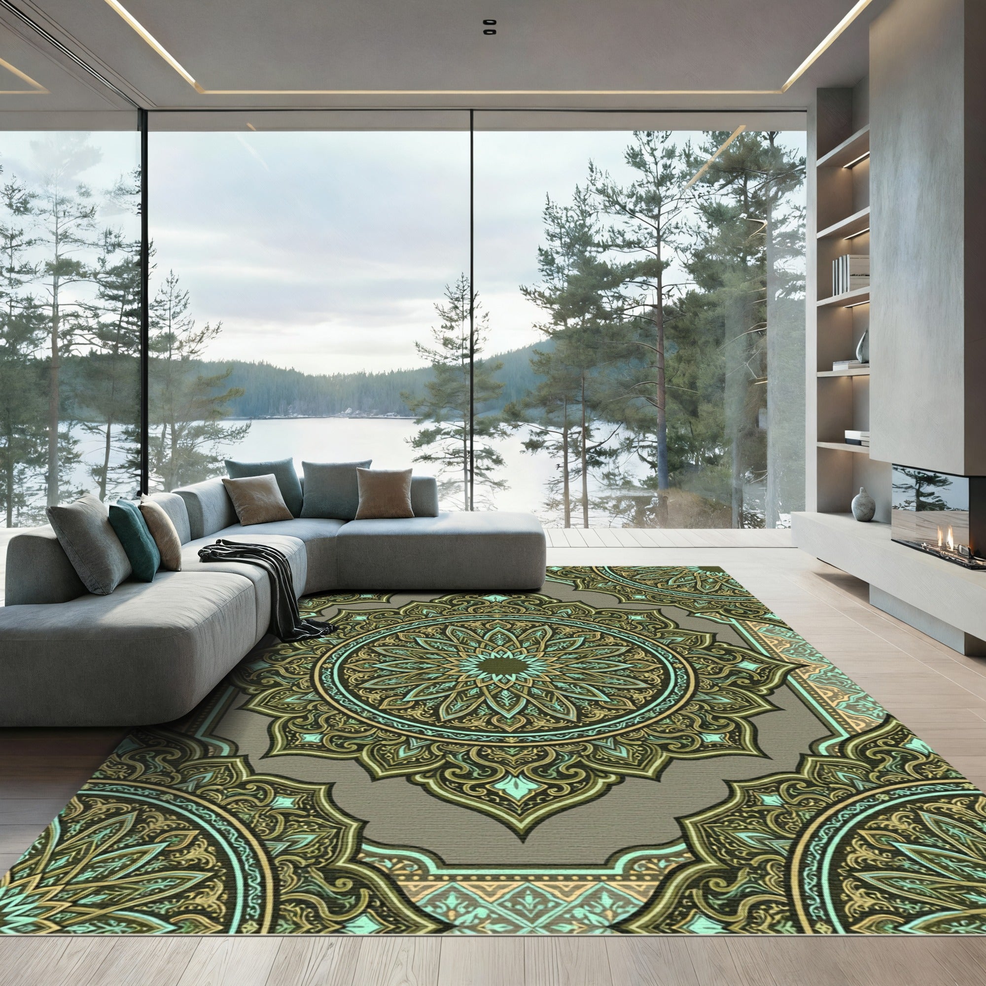 Earthy Sage And Gold Ornate Mandala Rug