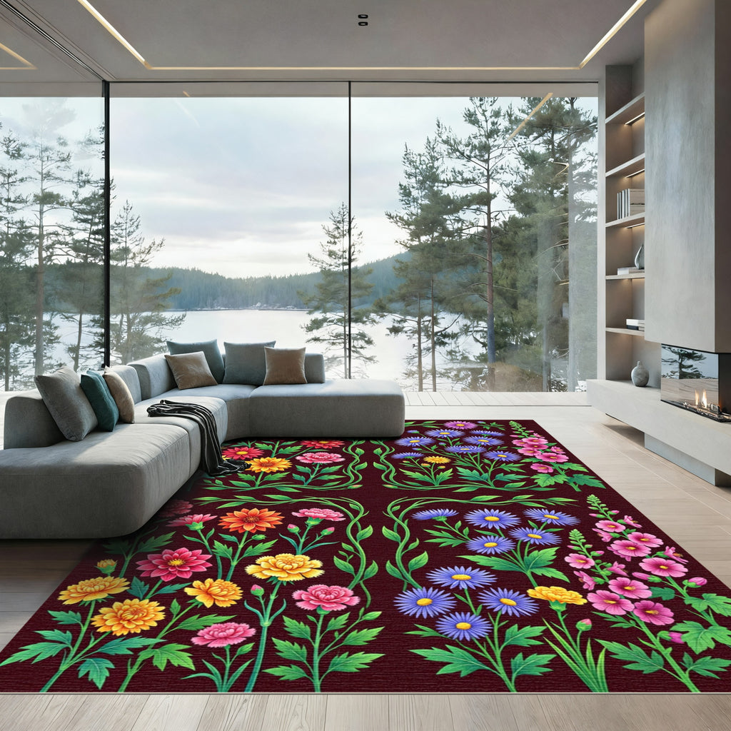 Vibrant Floral Botanical Dark Garden Rug