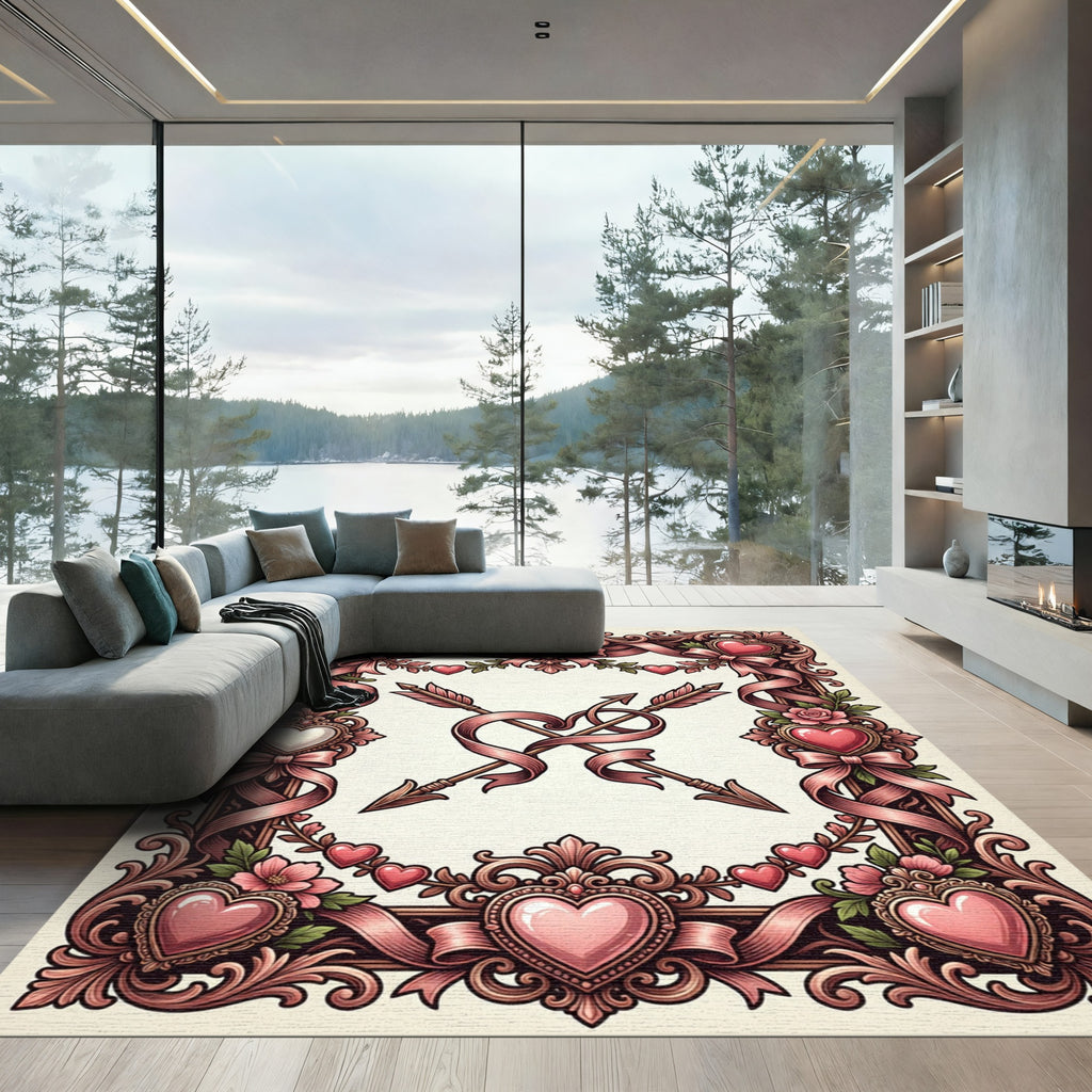 Pink Cupid Arrows Ornate Heart Frame Rug