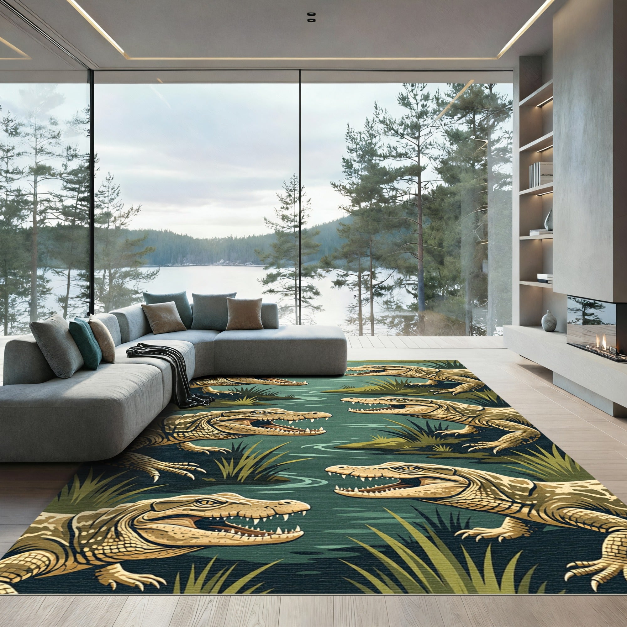 Savage Swamp Gator Reptile Illustration Rug