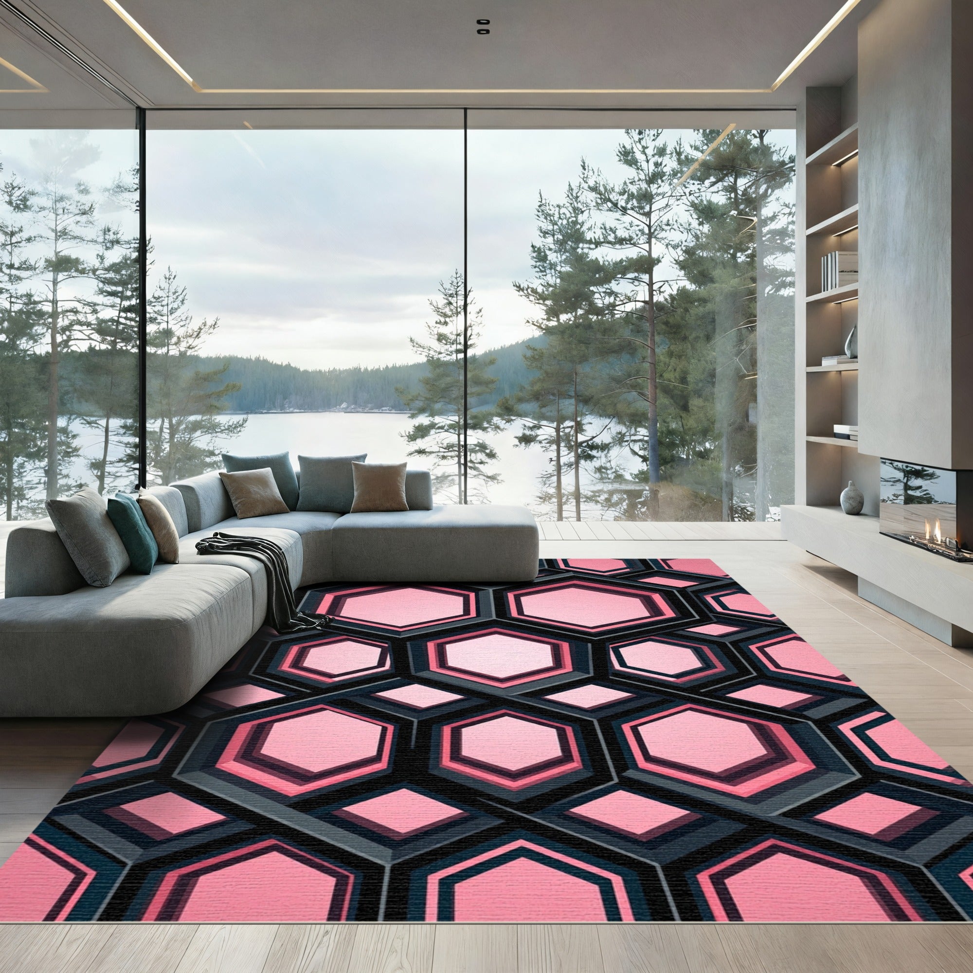 Modern Pink Geometric Hexagon Grid Rug