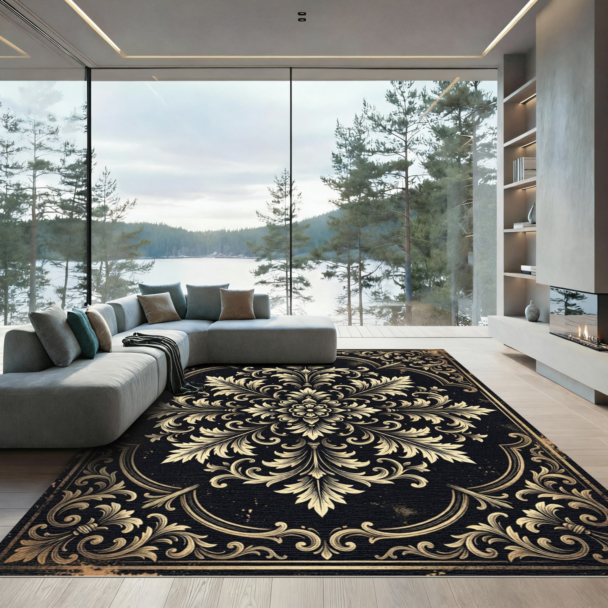 Elegant Gold Baroque Floral Medallion Rug
