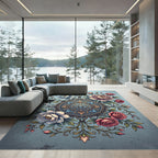 Elegant Blue Floral Medallion Rose Garden Rug