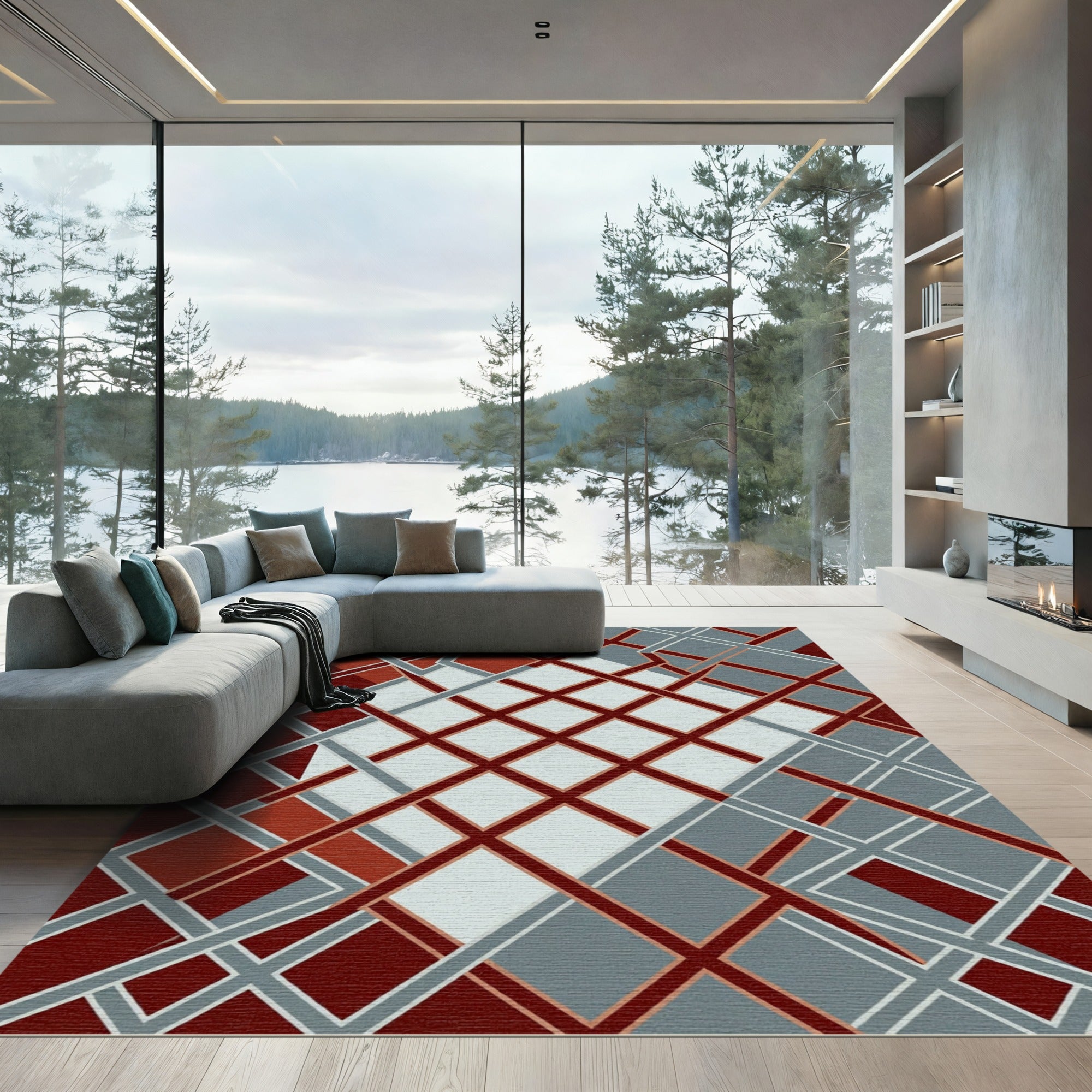 Crimson Gray Intersecting Lines Rug