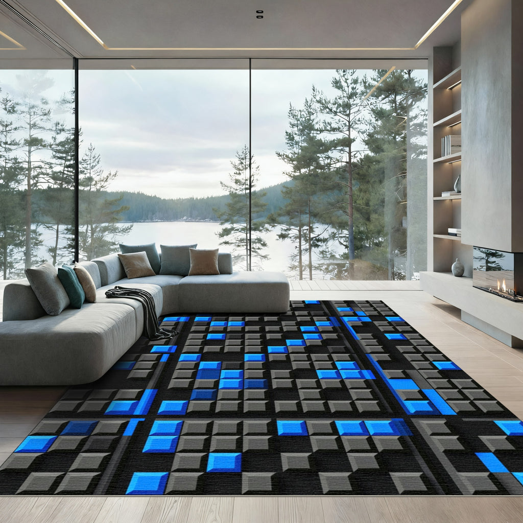 Modern Electric Blue Geometric Grid Rug