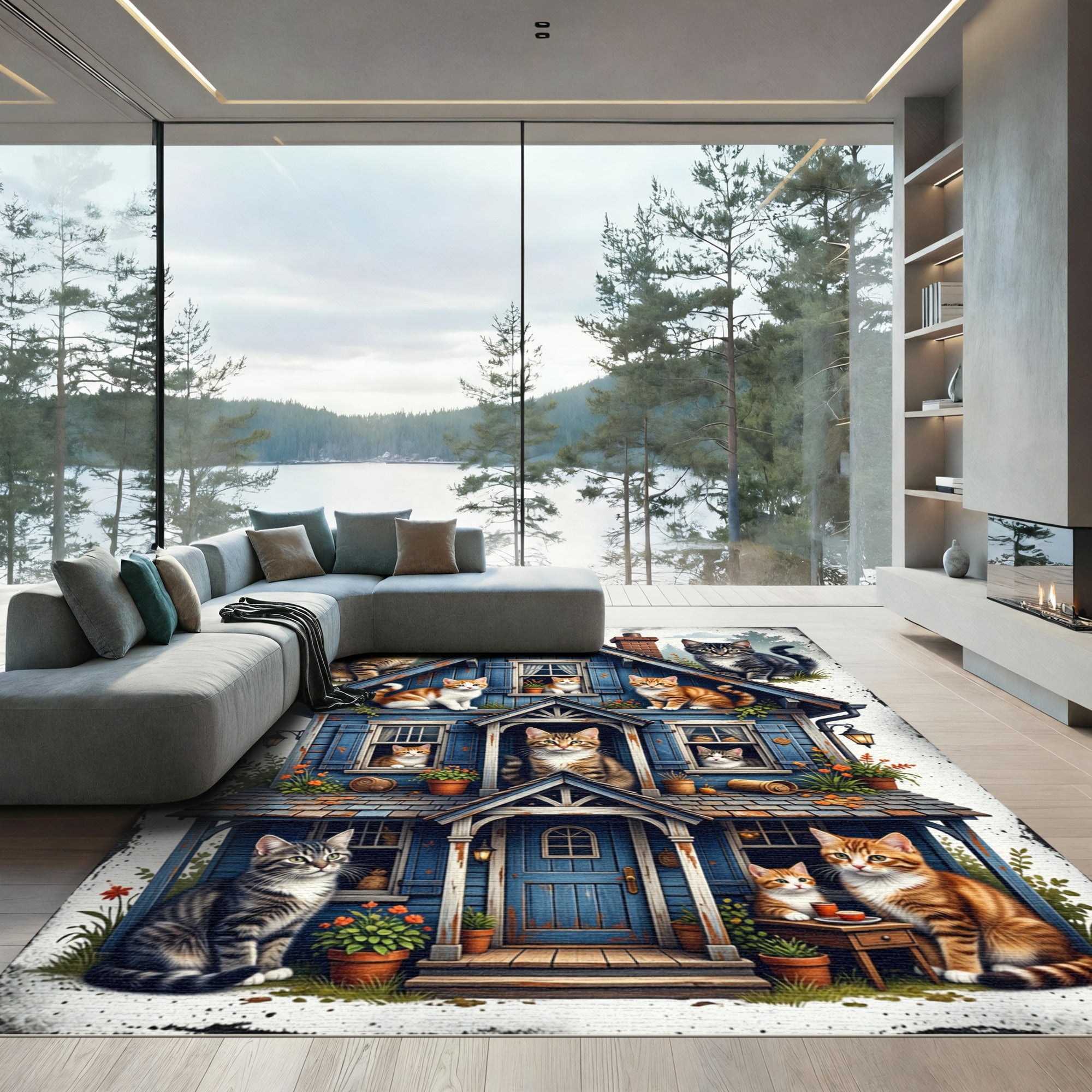 Whimsical Blue House with Cute Cats Rug