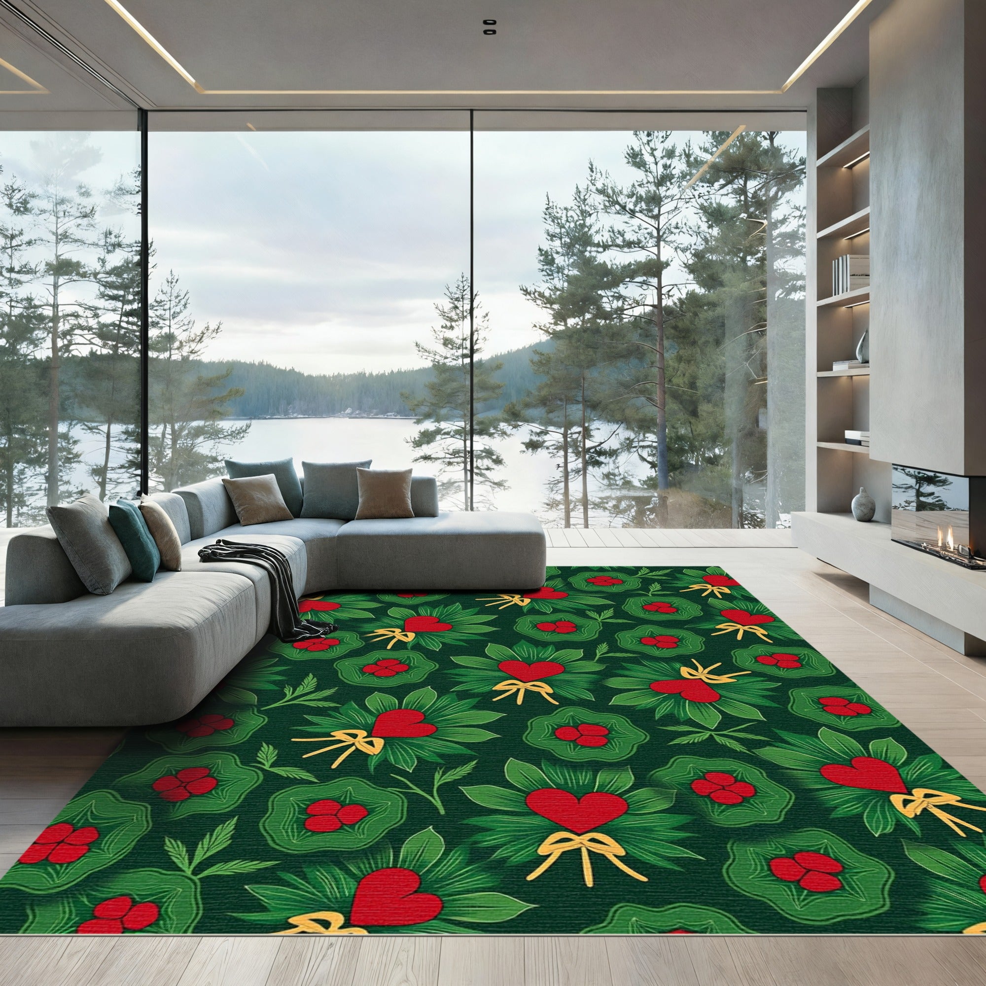 Vibrant Red Hearts Green Wreaths Rug