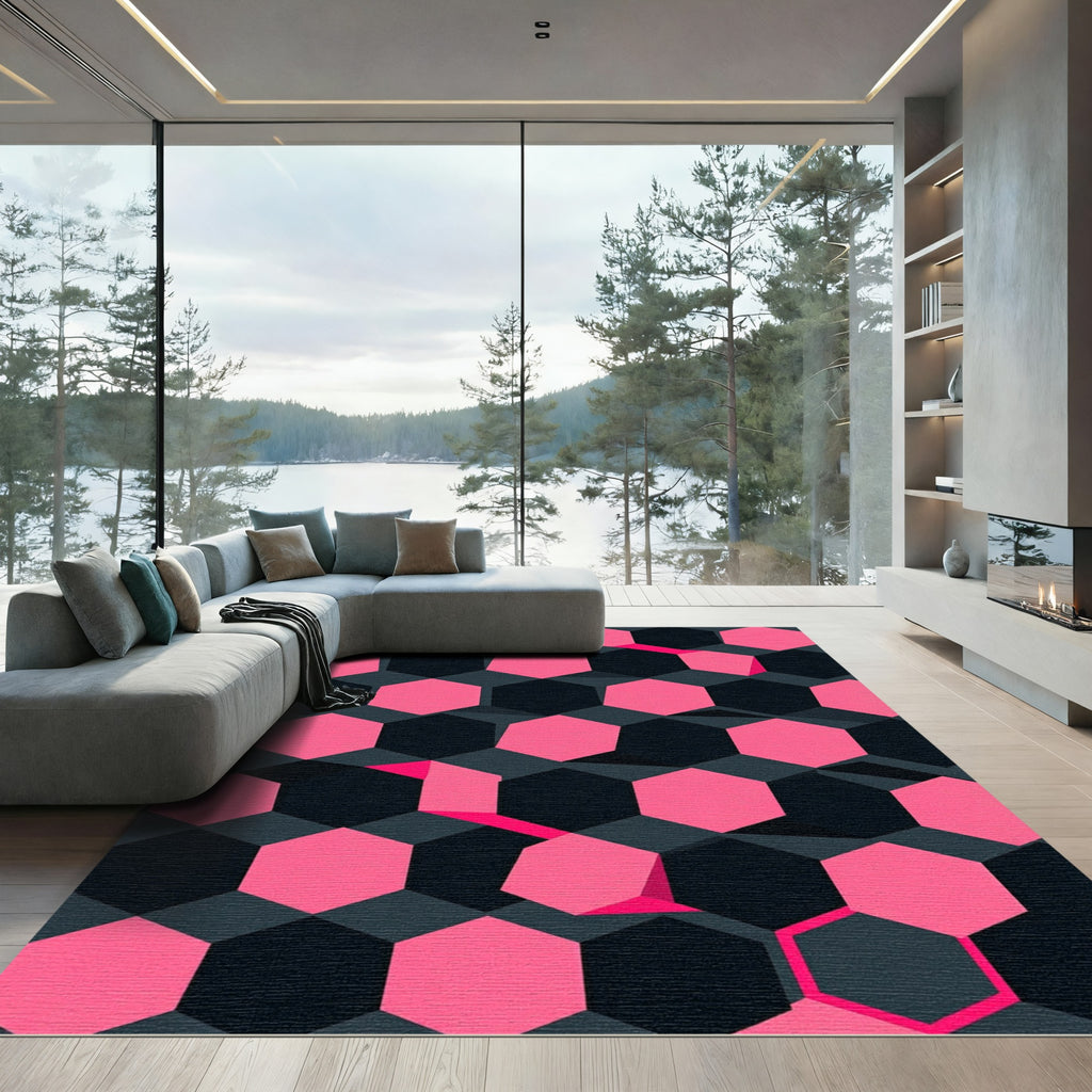 Modern Pink and Charcoal Geometric Hexagon Rug