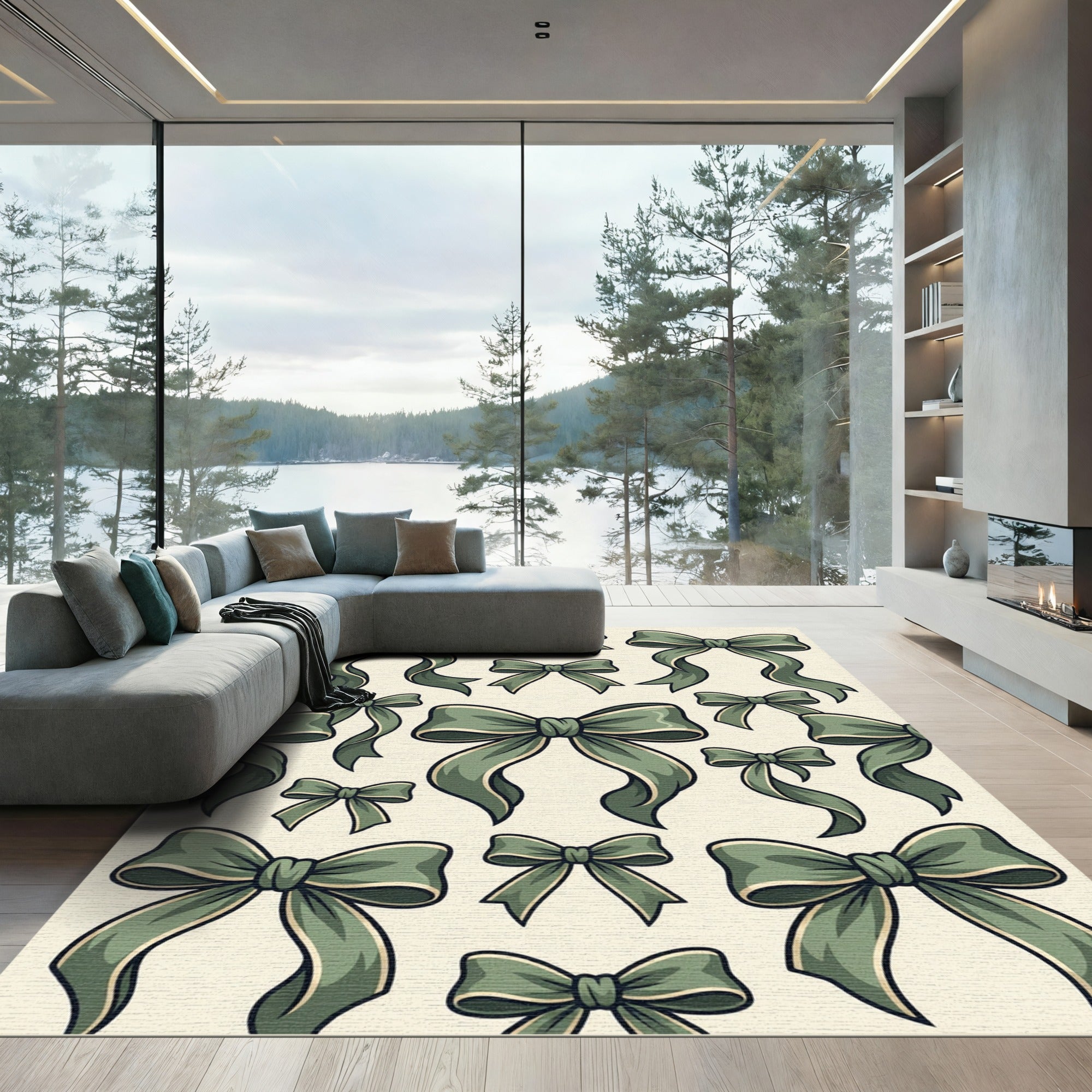 Sage Green Bow Ribbon Illustration Rug