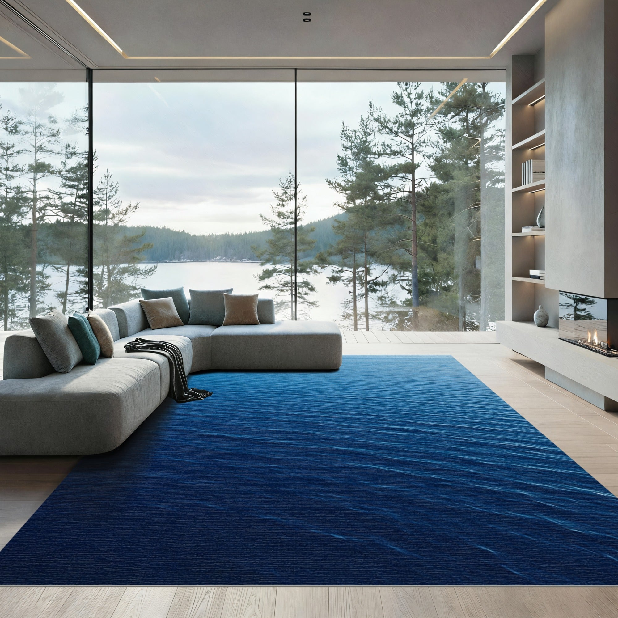 Deep Blue Minimalist Abstract Ocean Waves Rug