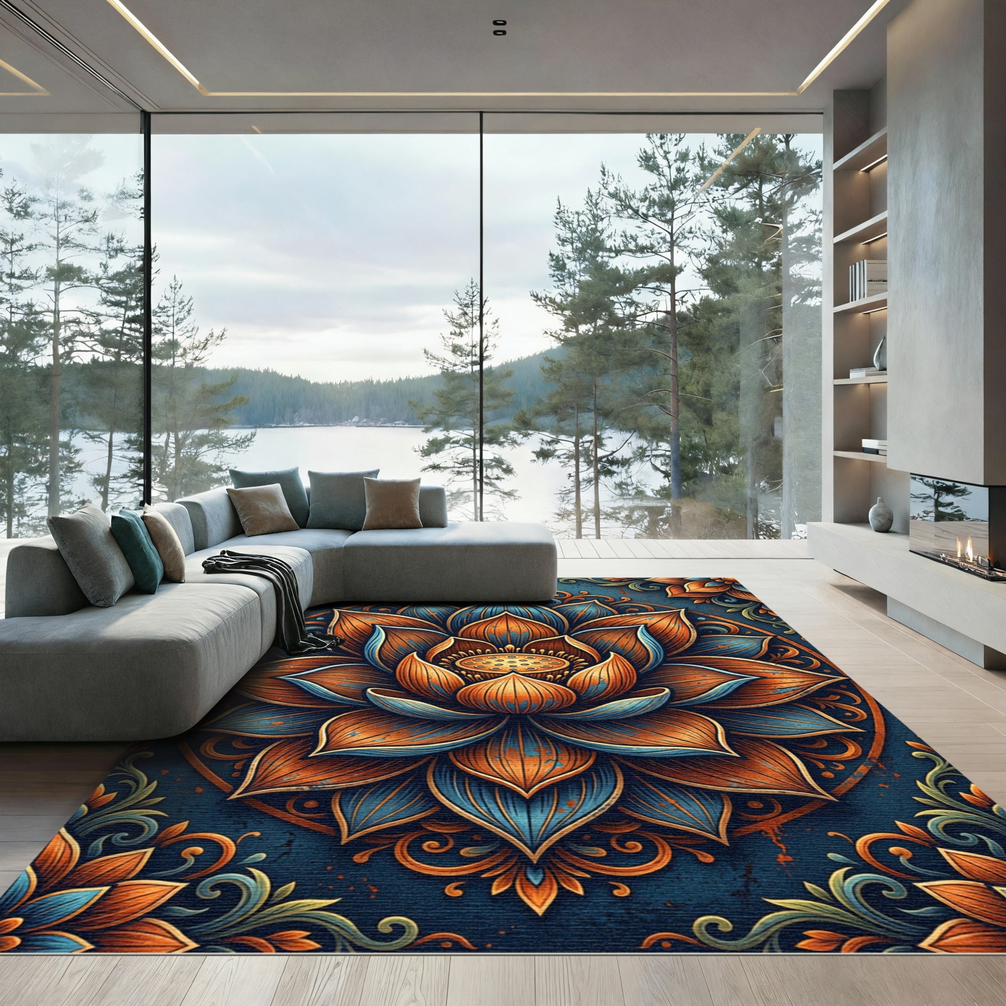 Orange Blue Lotus Mandala Rug