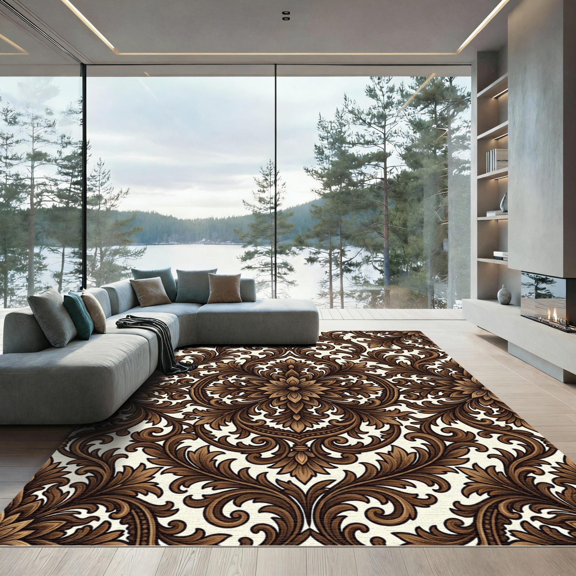 Elegant Rich Brown Acanthus Scroll Rug