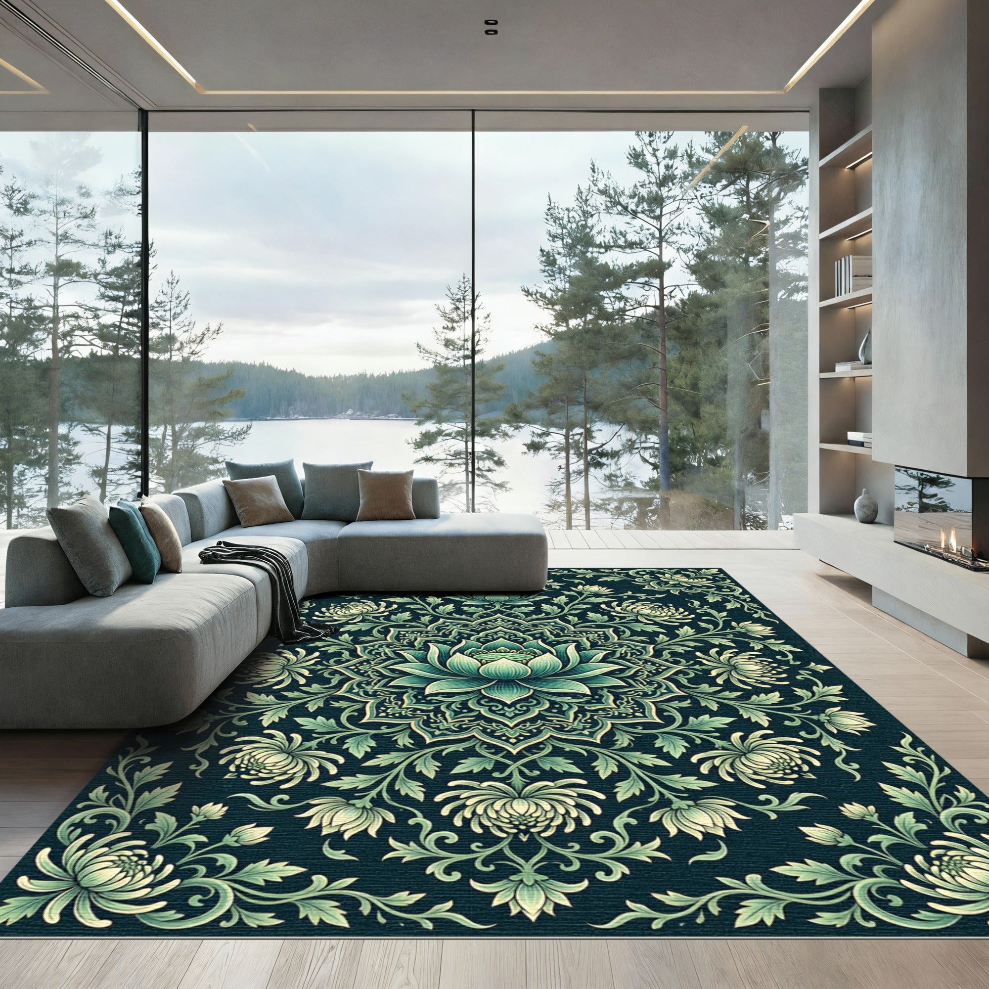 Teal Lotus Floral Medallion Art Rug
