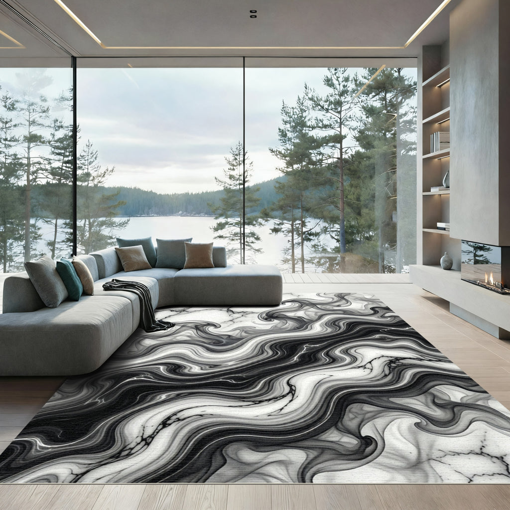Monochrome Abstract Fluid Marble Swirl Rug
