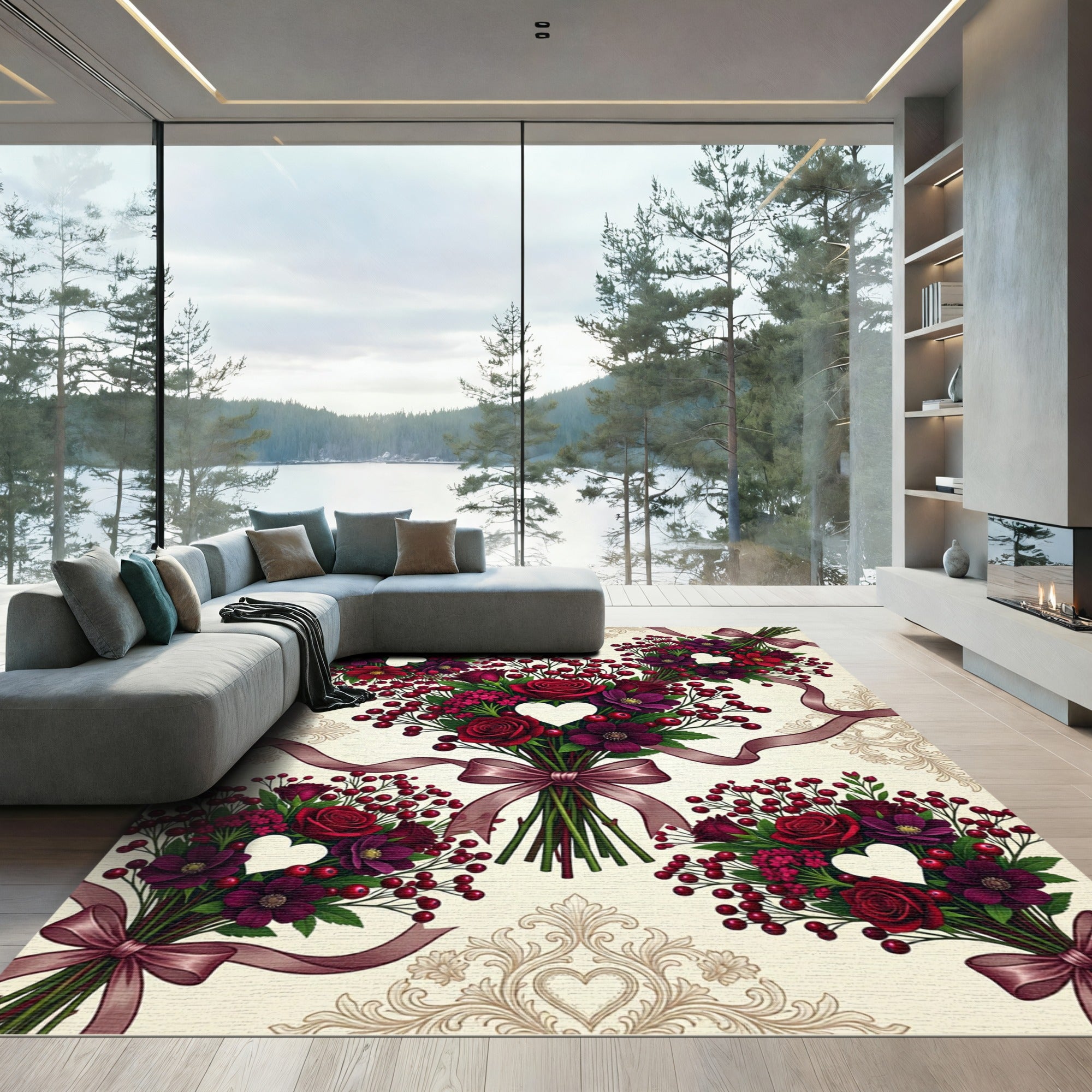 Deep Red Floral Heart Ribbon Bundles Rug