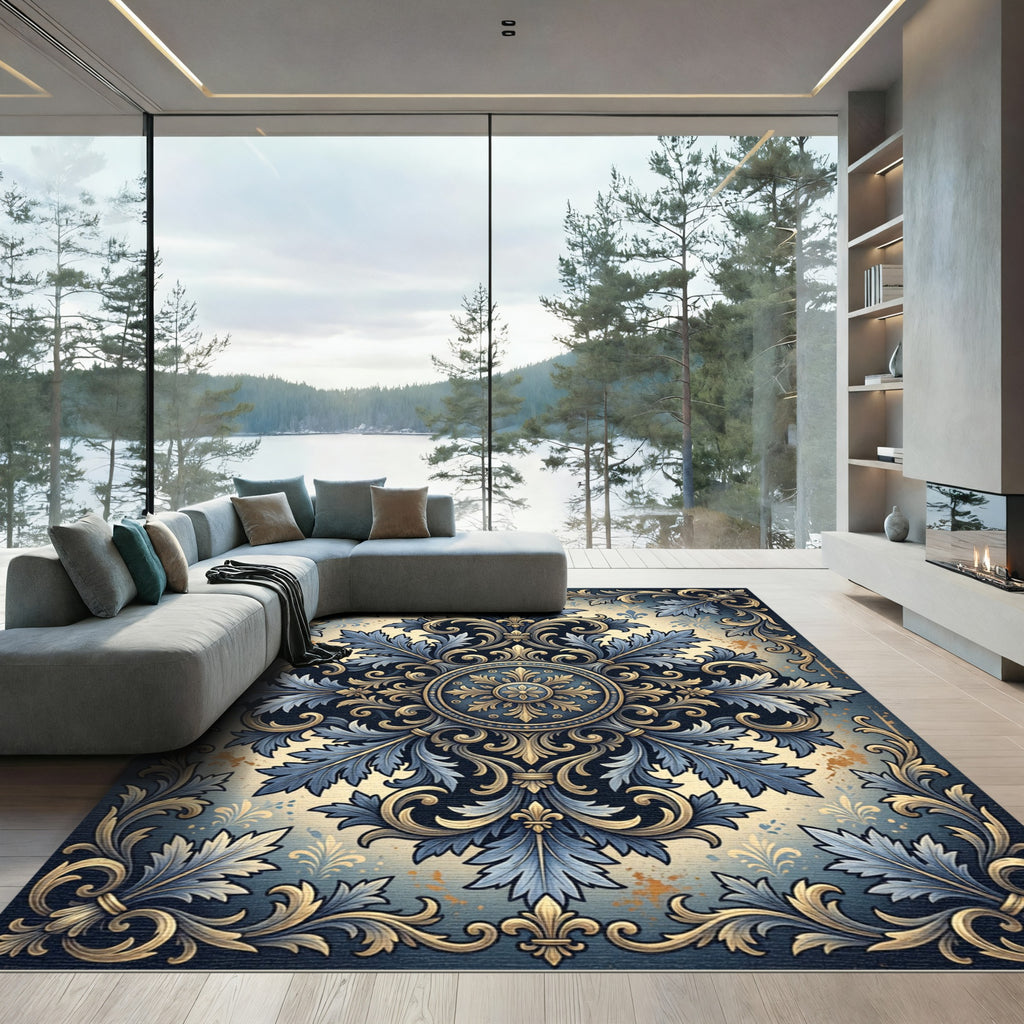 Ornate Blue and Gold Floral Damask Rug