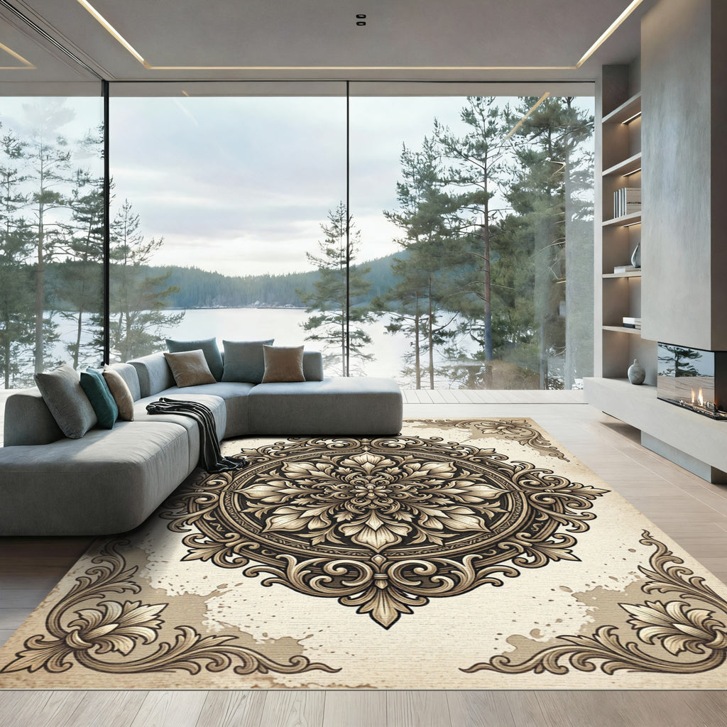 Ornate Ivory Floral Baroque Medallion Rug