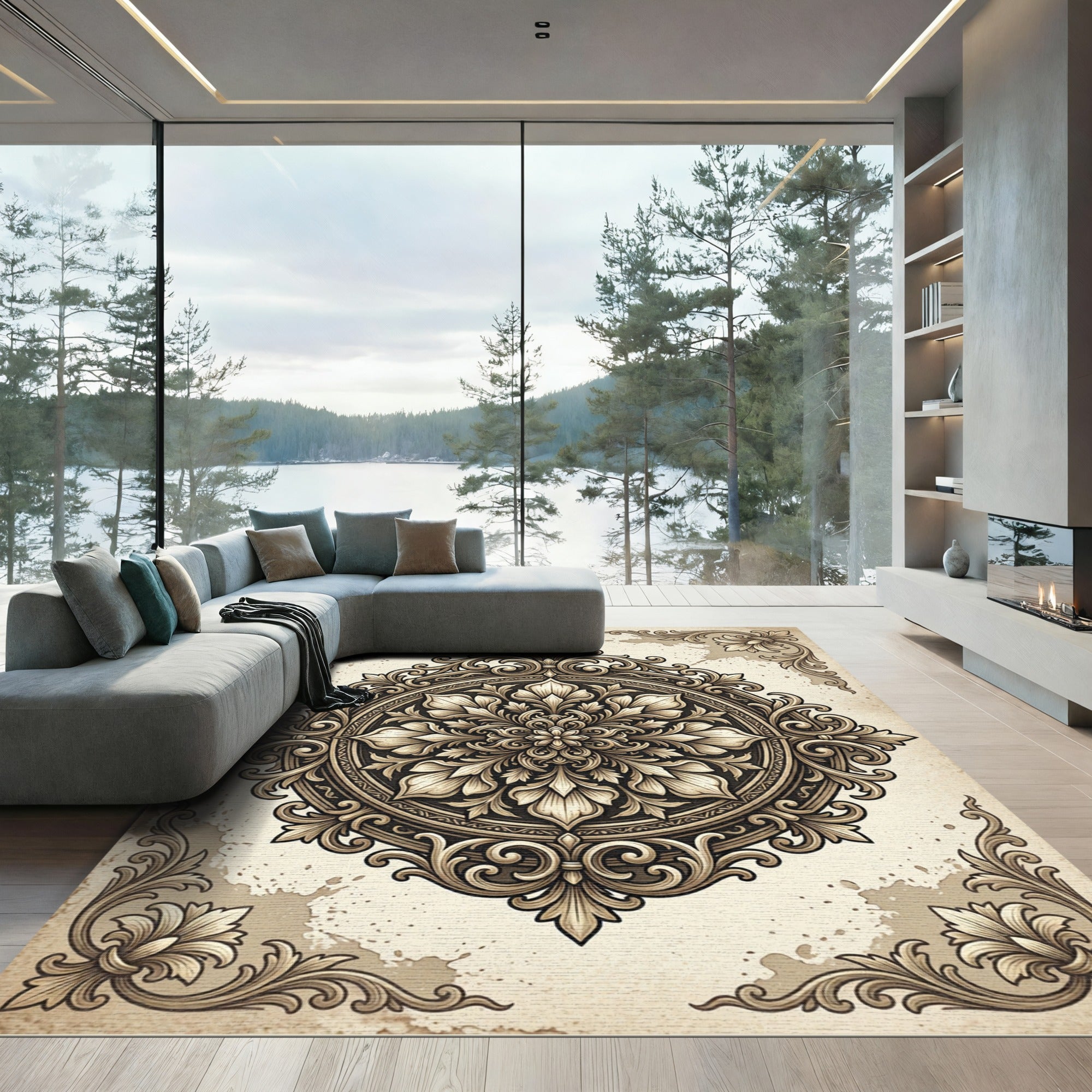 Ornate Ivory Floral Baroque Medallion Rug