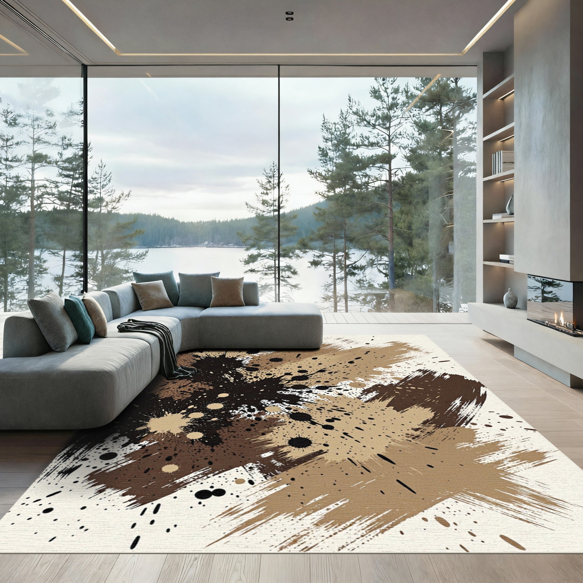 Abstract Earth Tone Ink Splatter Rug